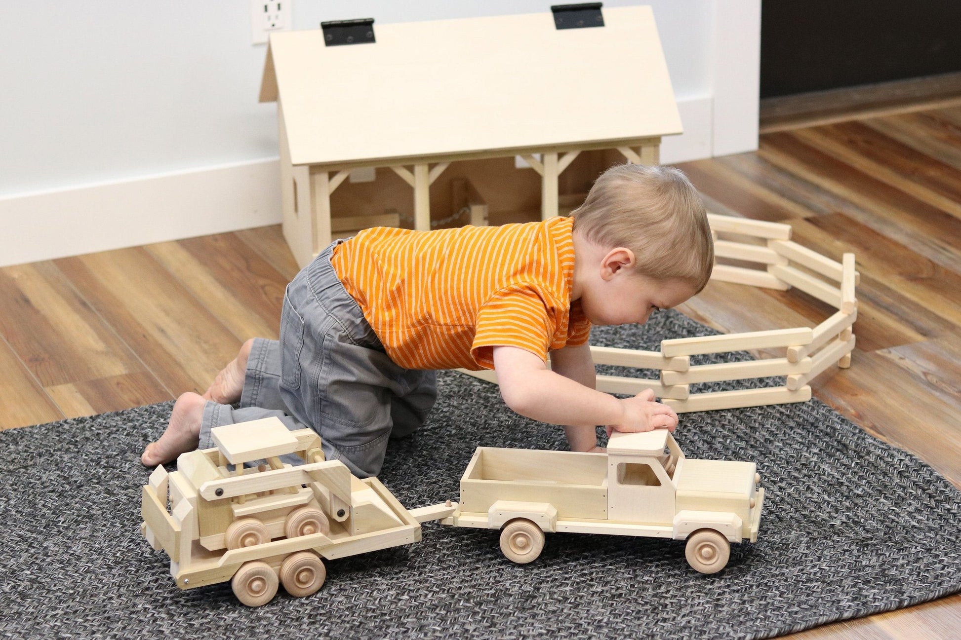 Wooden toy pickup truck and flatbed trailer with skidloader set, handcrafted wooden train and truck toy from AmishToyBox.com