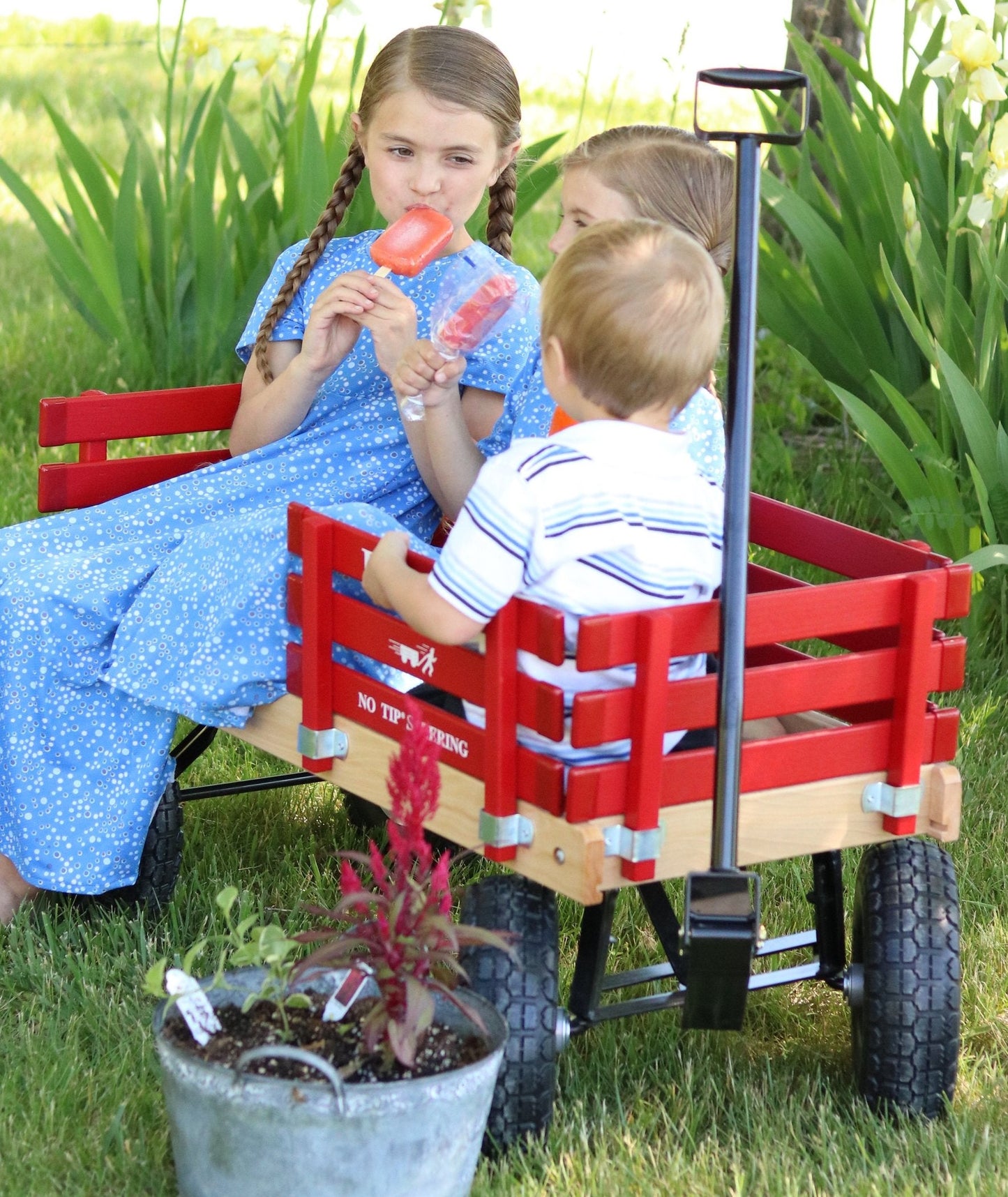 Amish-made Berlin Flyer Sport Wagon Model F410 for kids, featuring sturdy wooden construction and colorful painted finish.