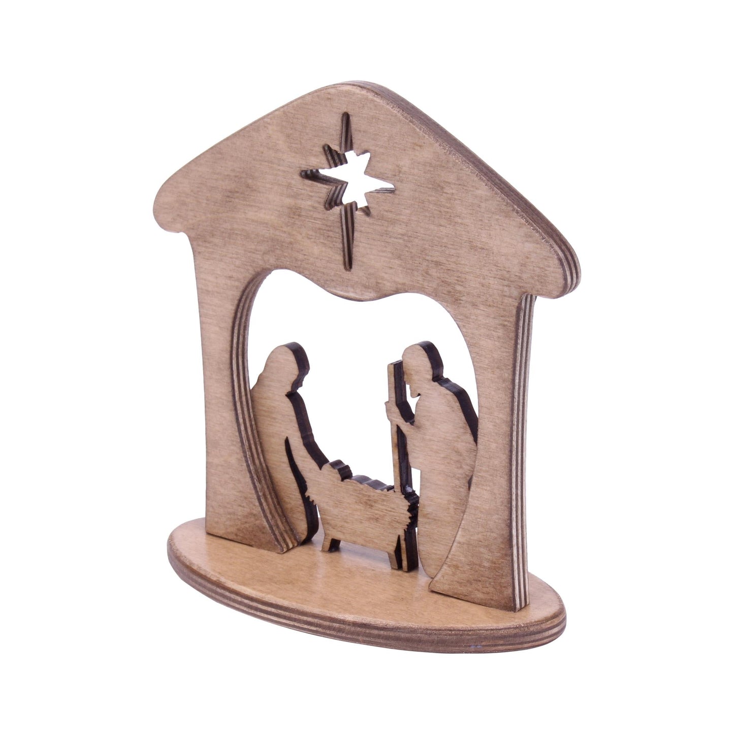 Wooden nativity scene display featuring Mary, Joseph, and baby Jesus for Christmas mantel or shelf decor, handcrafted AmishToyBox.com.