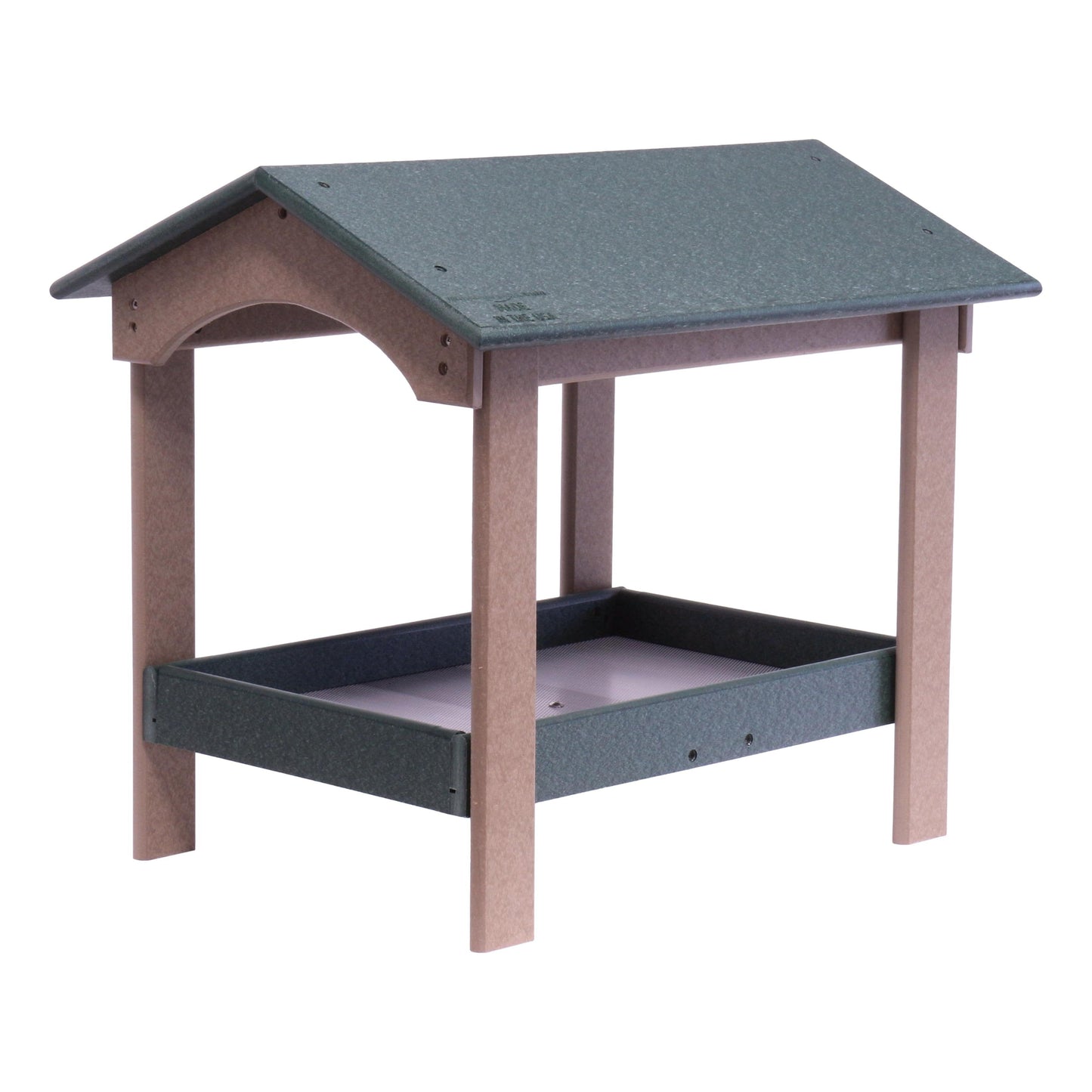 Deluxe AmishToyBox.com ground bird feeder with covered fly-through design, screen mesh tray for birds and squirrels.
