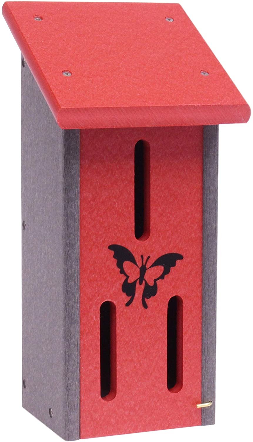 Amish-made butterfly house crafted from eco-friendly poly lumber, weather-resistant outdoor insect shelter with decorative details.