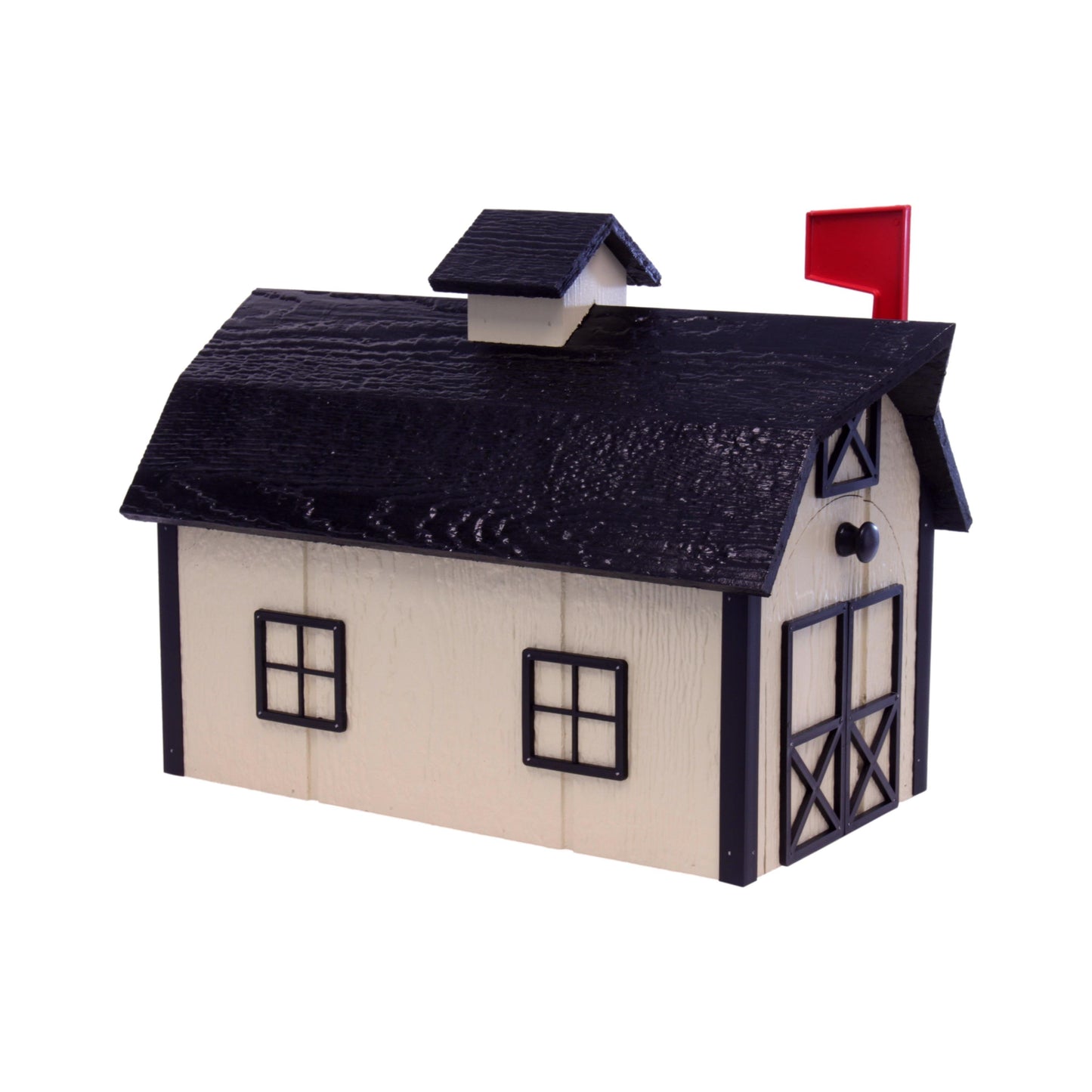 Amish-made wooden Dutch barn style mailbox mounted on a post, crafted for durable outdoor home improvement.