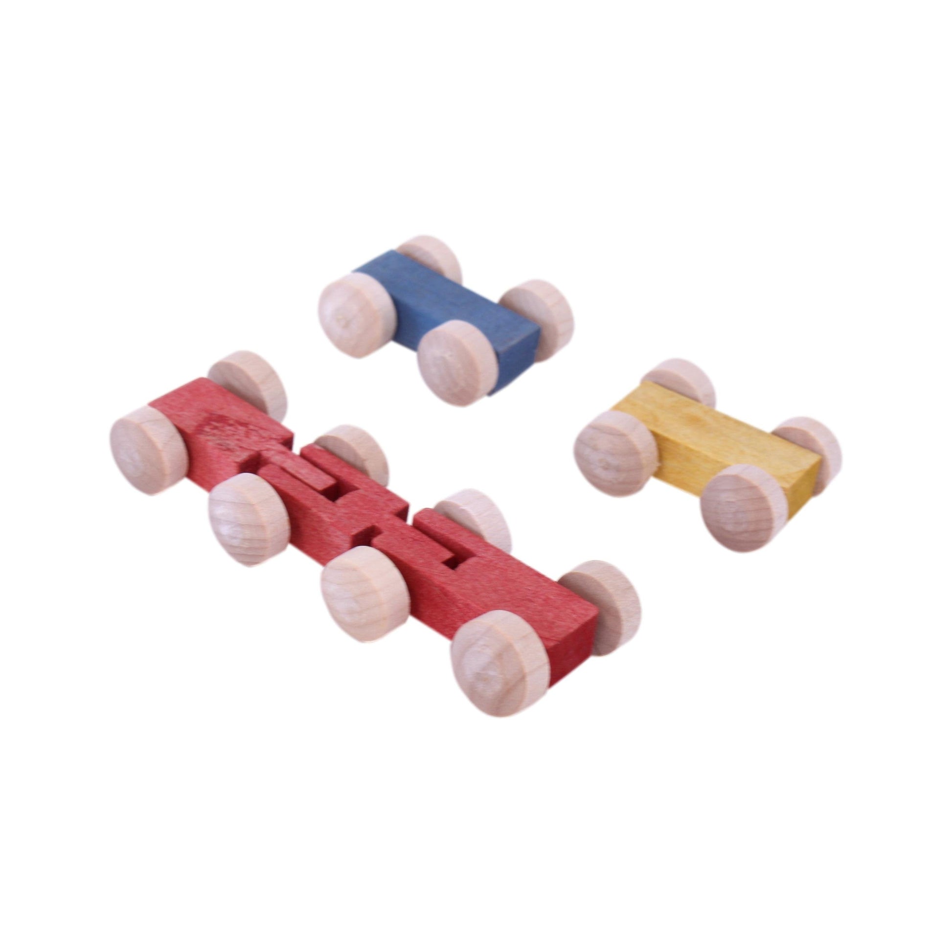 Amish-made mini wooden car roller toy with colorful wooden cars included, perfect for children's imaginative play.