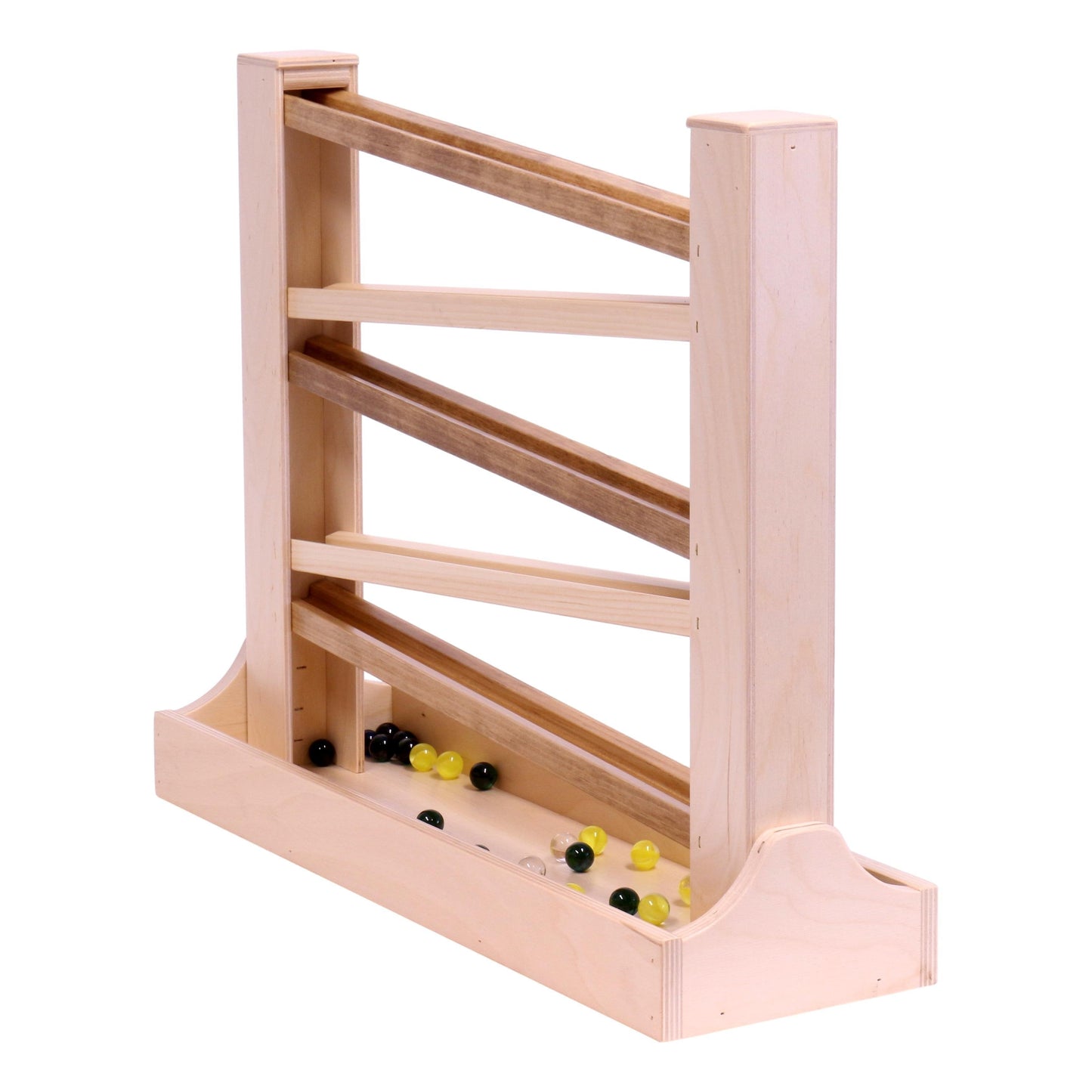 Amish-made heirloom marble and ball roller toy with wooden finish, designed for children, safe and durable for play.