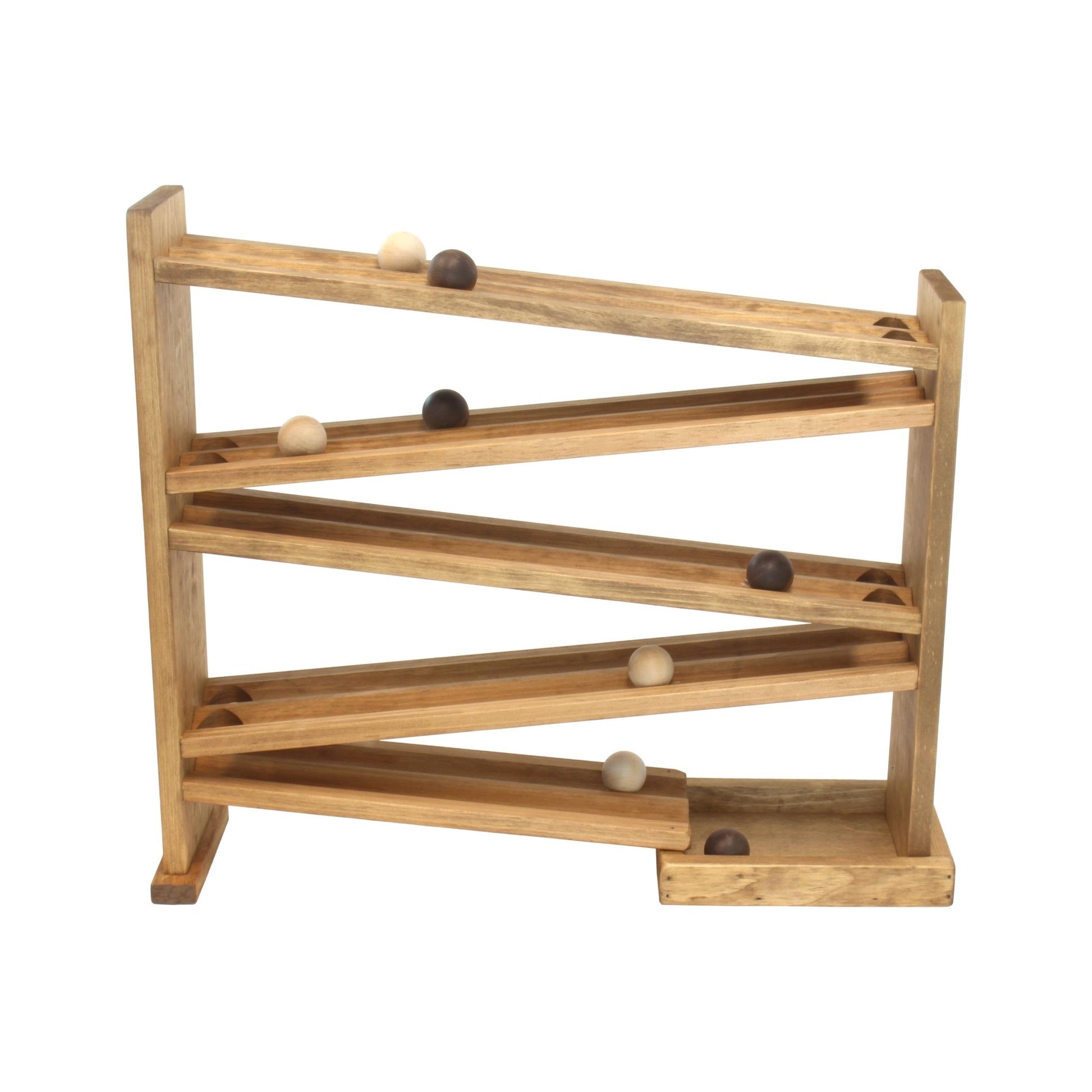 Amish-made wooden ball roller racetrack toy with 8 colorful wooden balls on a smooth wooden track.