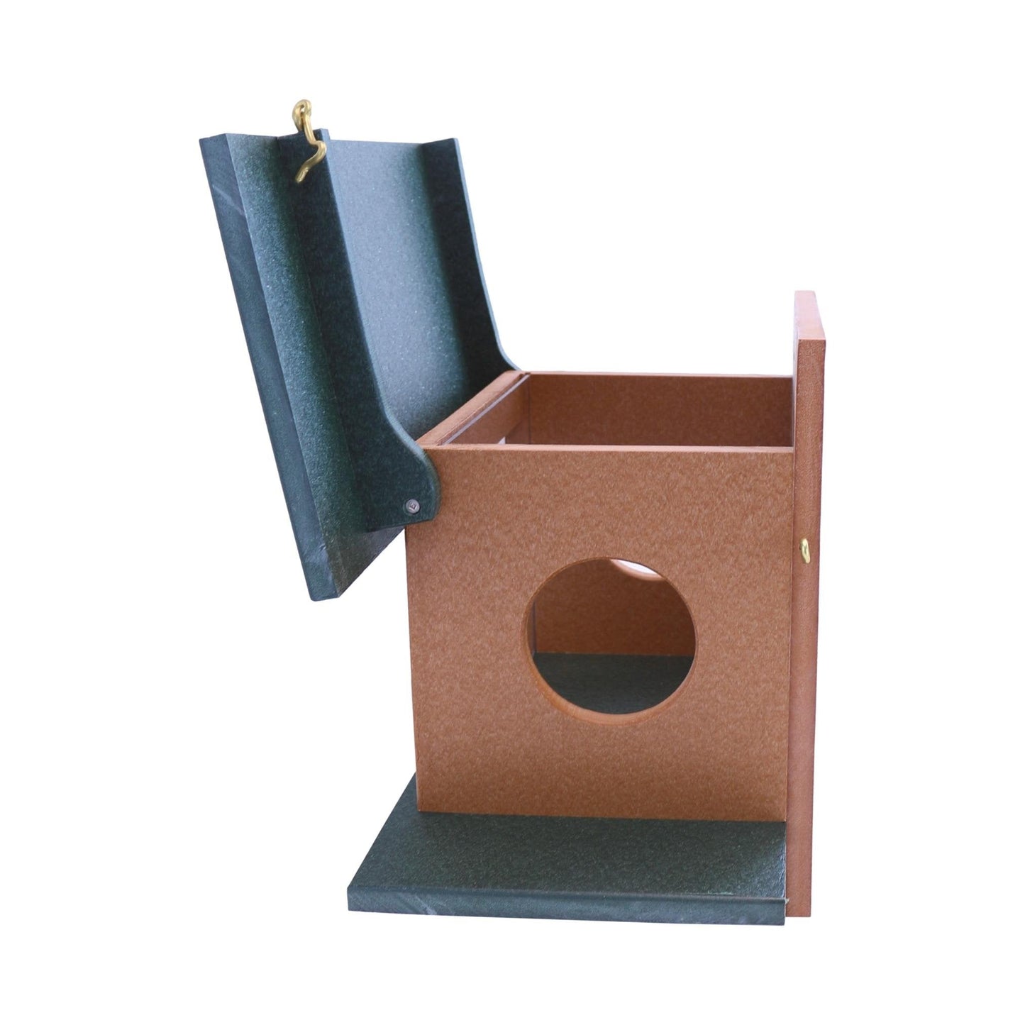 Amish-made squirrel corn feeder mounted on a post, made of durable poly lumber, designed for wildlife feeding.
