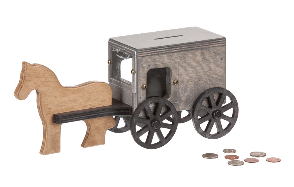 Amish-made wooden horse and buggy penny piggy bank from AmishToyBox.com, handcrafted wooden toy for children.