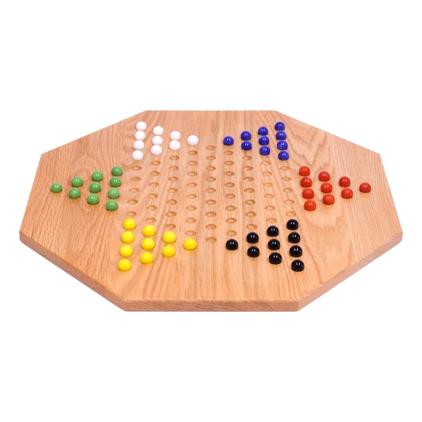 Hand-painted oak wooden Chinese checkers board game, 19-inch wide, featuring colorful pegs on a crafted game board.