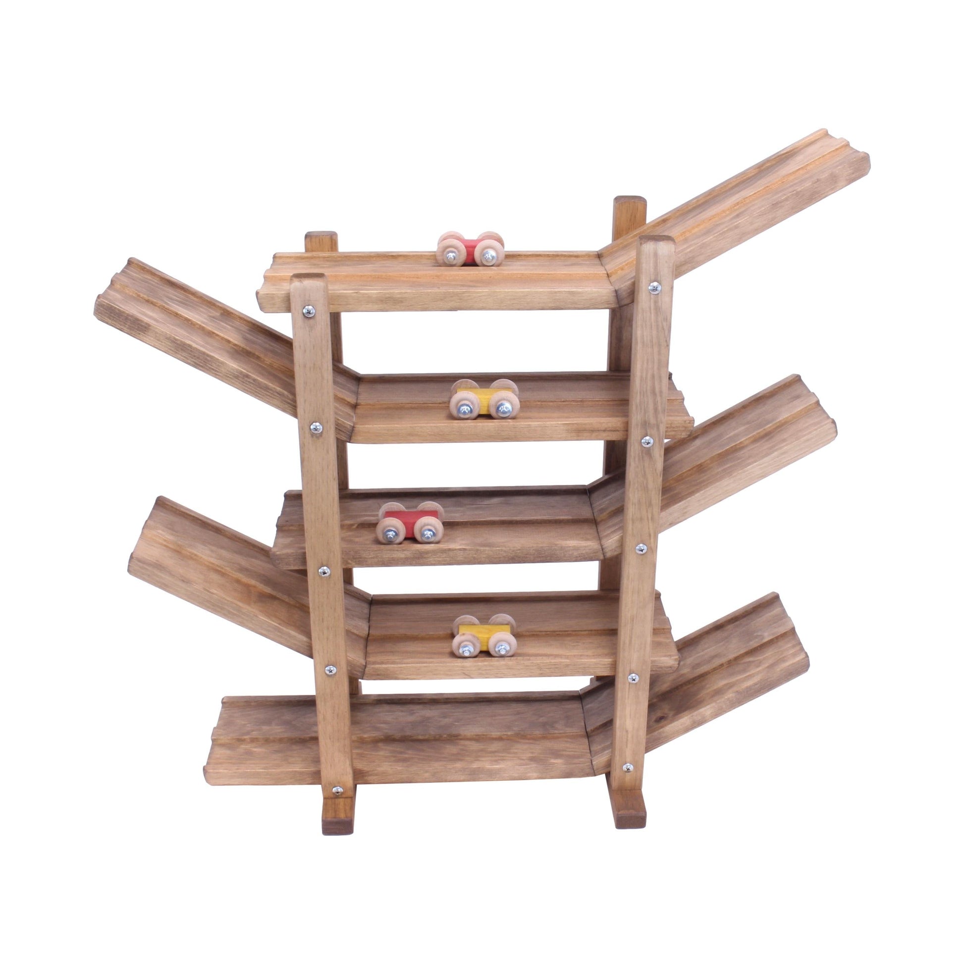 Amish-made handcrafted wooden marble and ball roller racetrack toy, featuring colorful wooden tracks and marbles in a classic design.