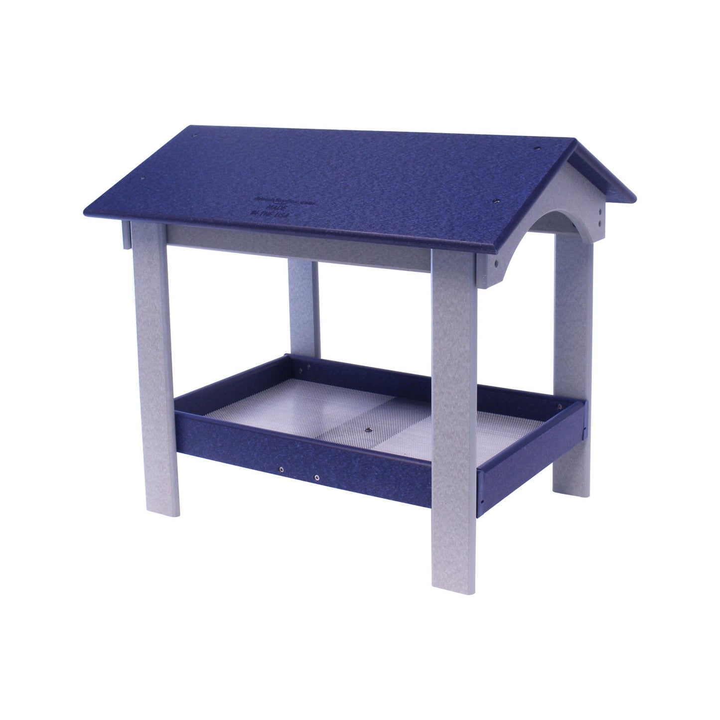 Deluxe AmishToyBox.com ground bird feeder with covered design, screen mesh tray for birds and squirrels, ideal for outdoor garden use.