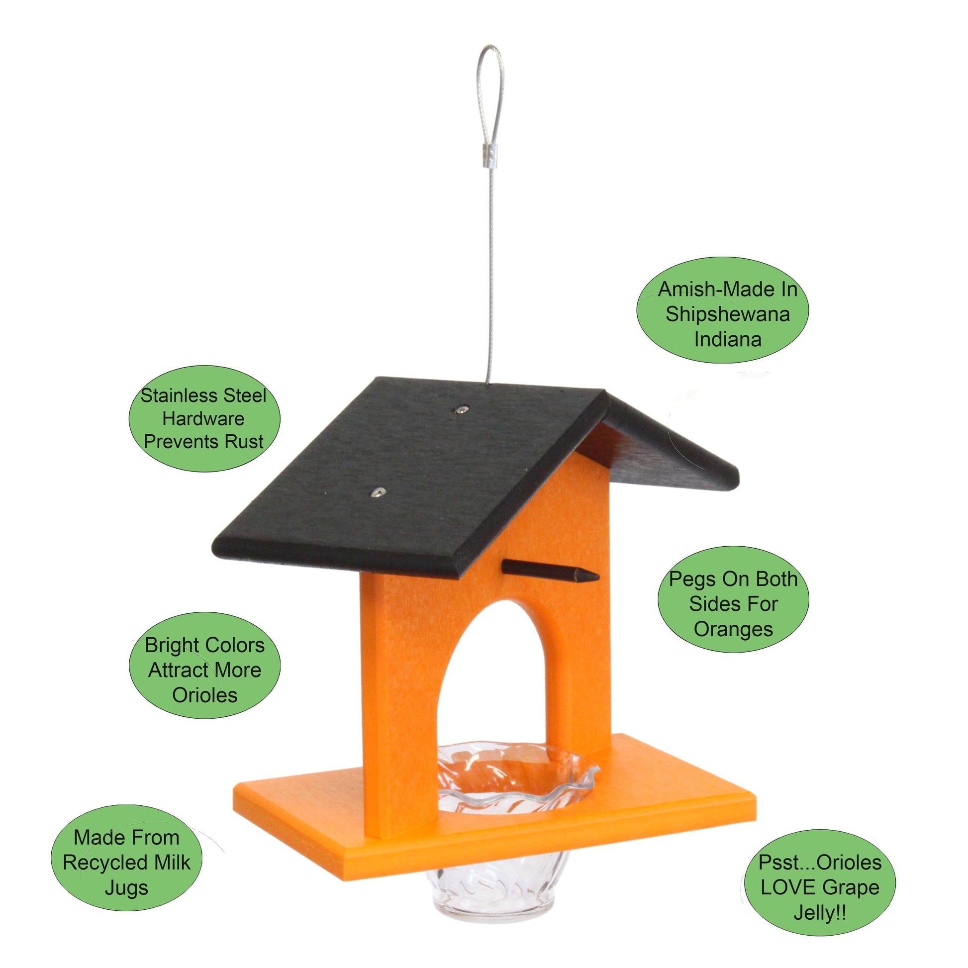Hanging oriole bird feeder with orange jelly and poly lumber, eco-friendly AmishToyBox.com bird feeder for attracting Orioles.