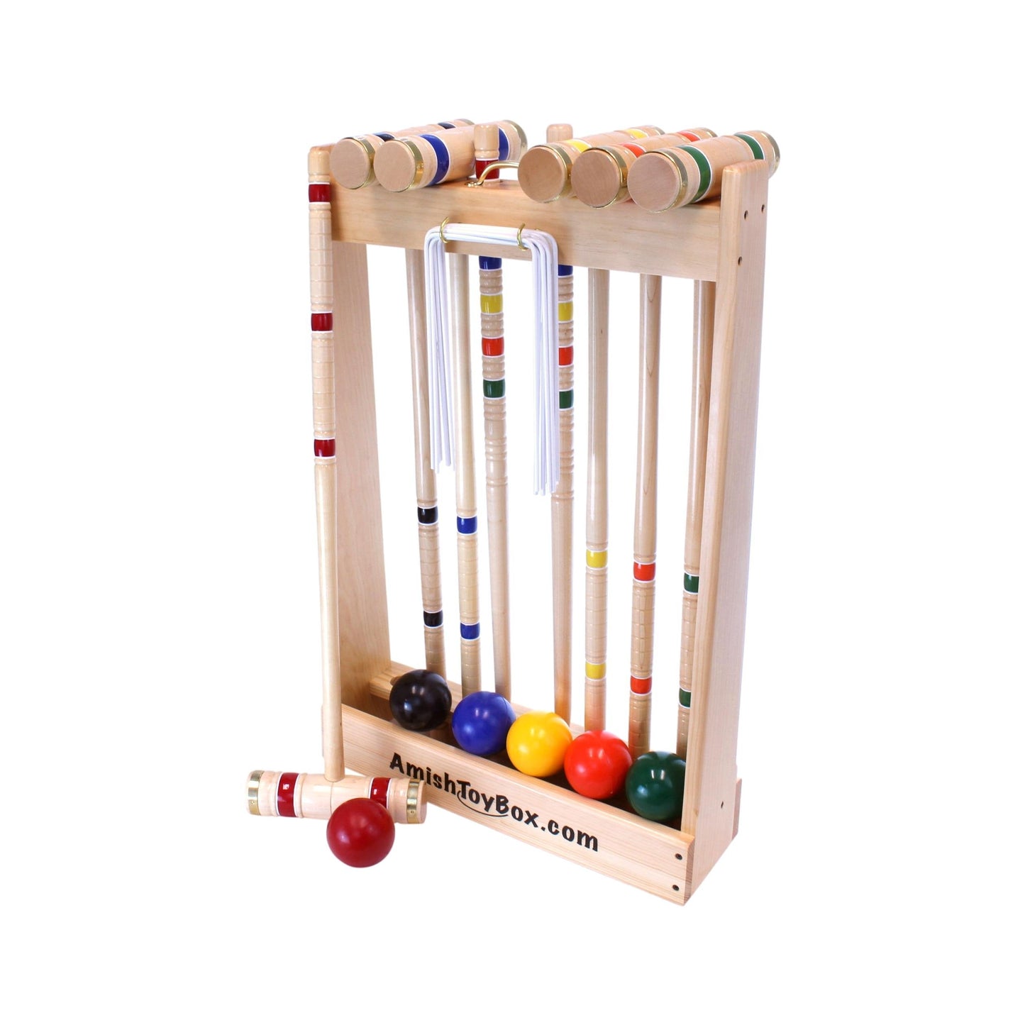 Amish-made Deluxe Croquet Game Set with 6 wooden mallets, balls, and a wooden holder, designed for outdoor play by AmishToyBox.com.