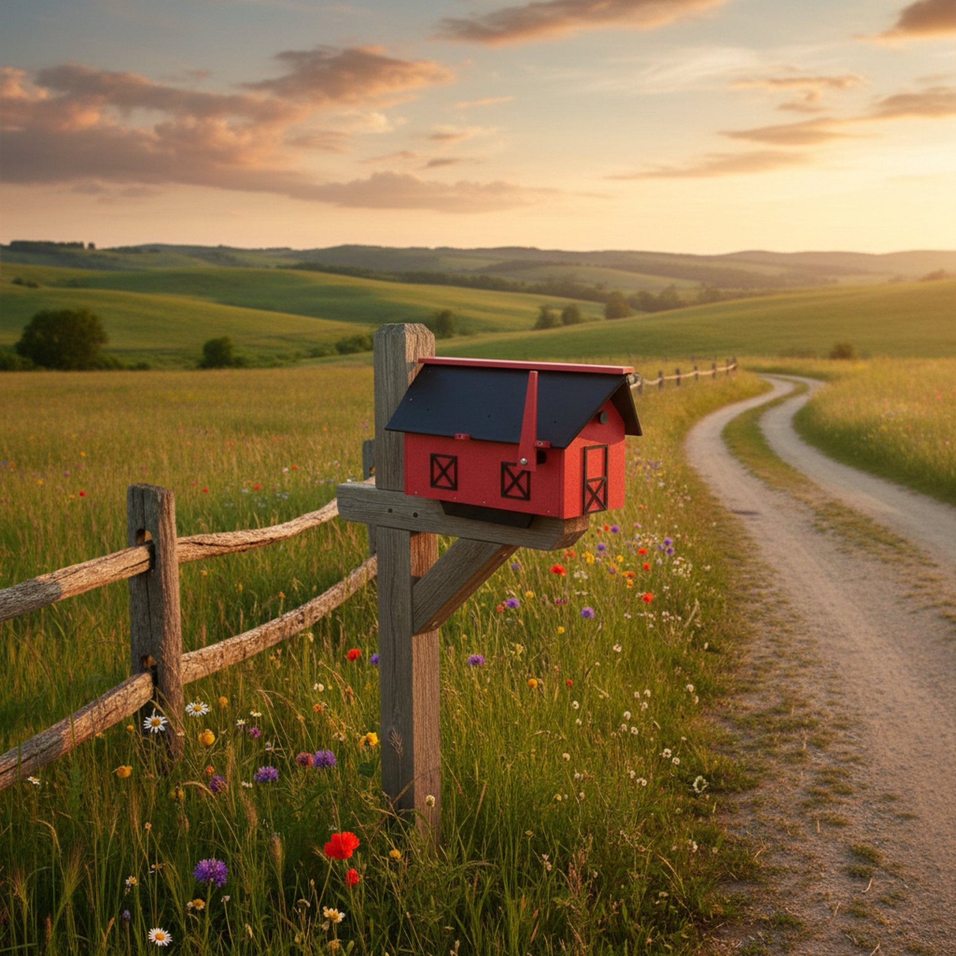 Amish-made mailbox on post, weather-proof poly lumber with UV-resistant finish, designed for durable outdoor use.