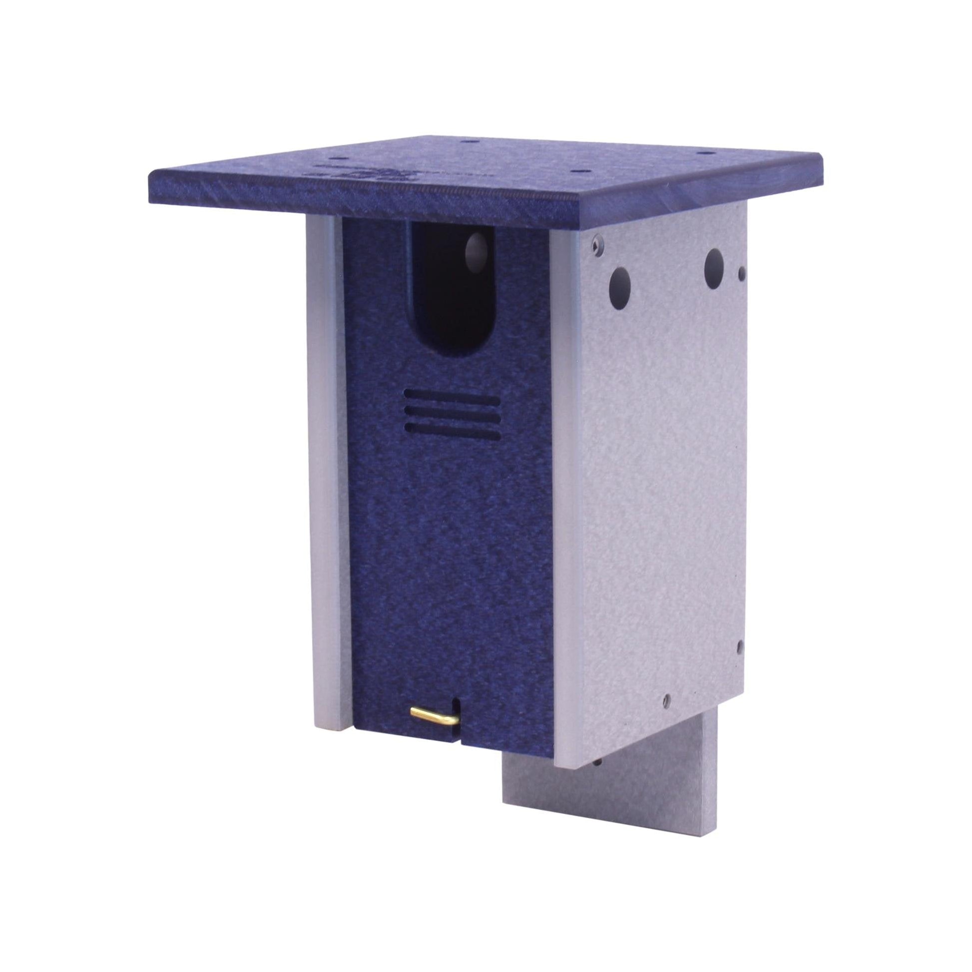 Amish-made bluebird house on a post, crafted with 100% recycled poly lumber, designed for backyard bird watching.
