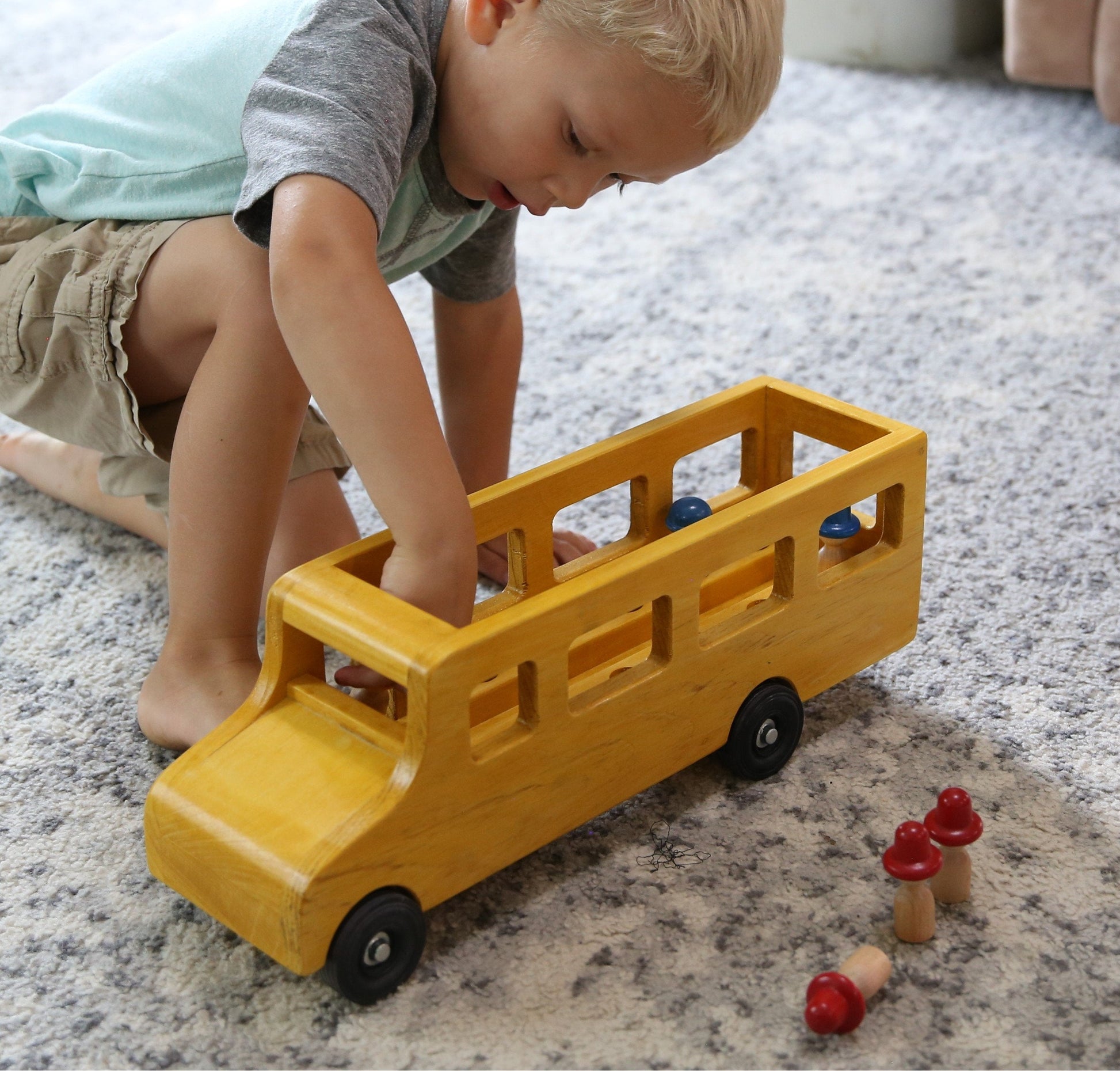 Amish-made wooden school bus toy with child-safe finish, part of wooden trains, trucks, and toys collection by AmishToyBox.com.