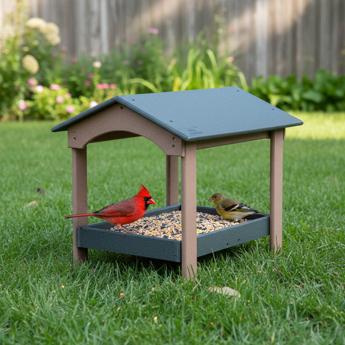 Deluxe AmishToyBox.com ground bird feeder with fly-through design, covered top, screen mesh tray, attracting birds and squirrels.