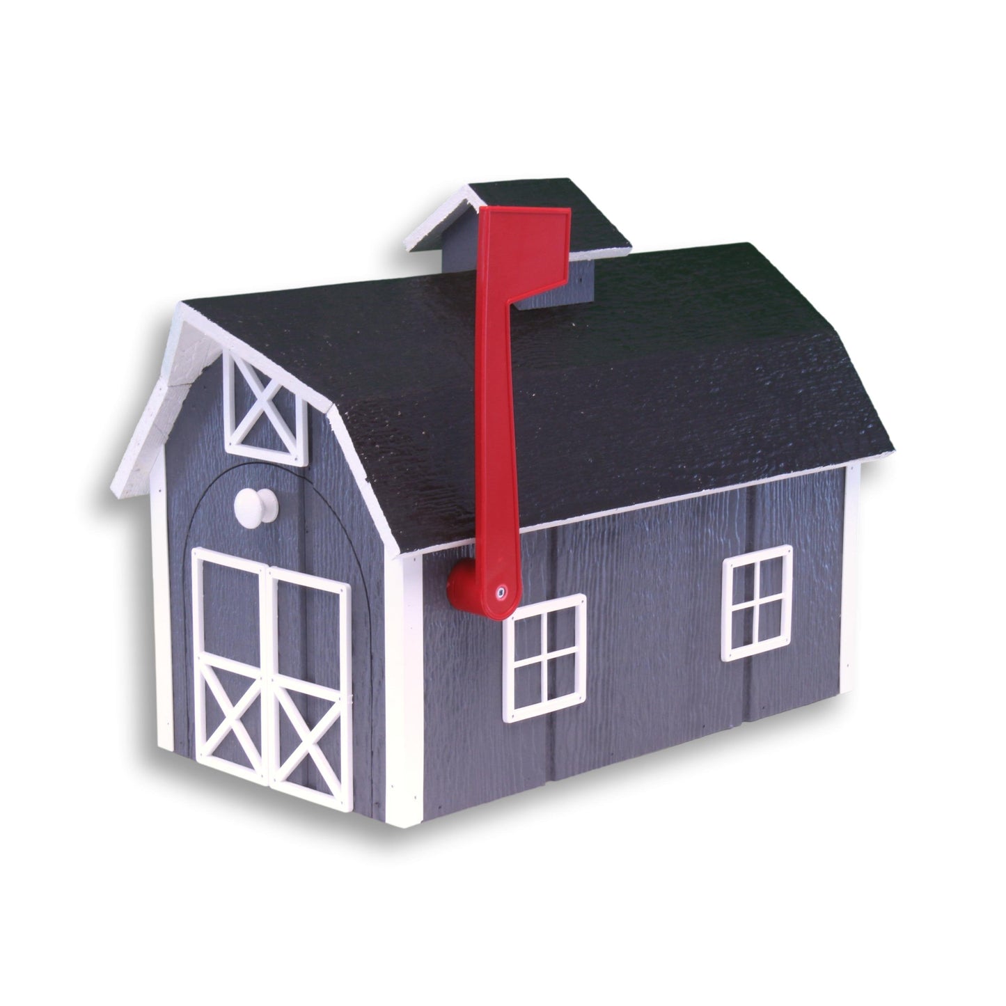 Amish-made wooden Dutch barn style mailbox mounted on post, handcrafted for durability and classic rustic home curb appeal.