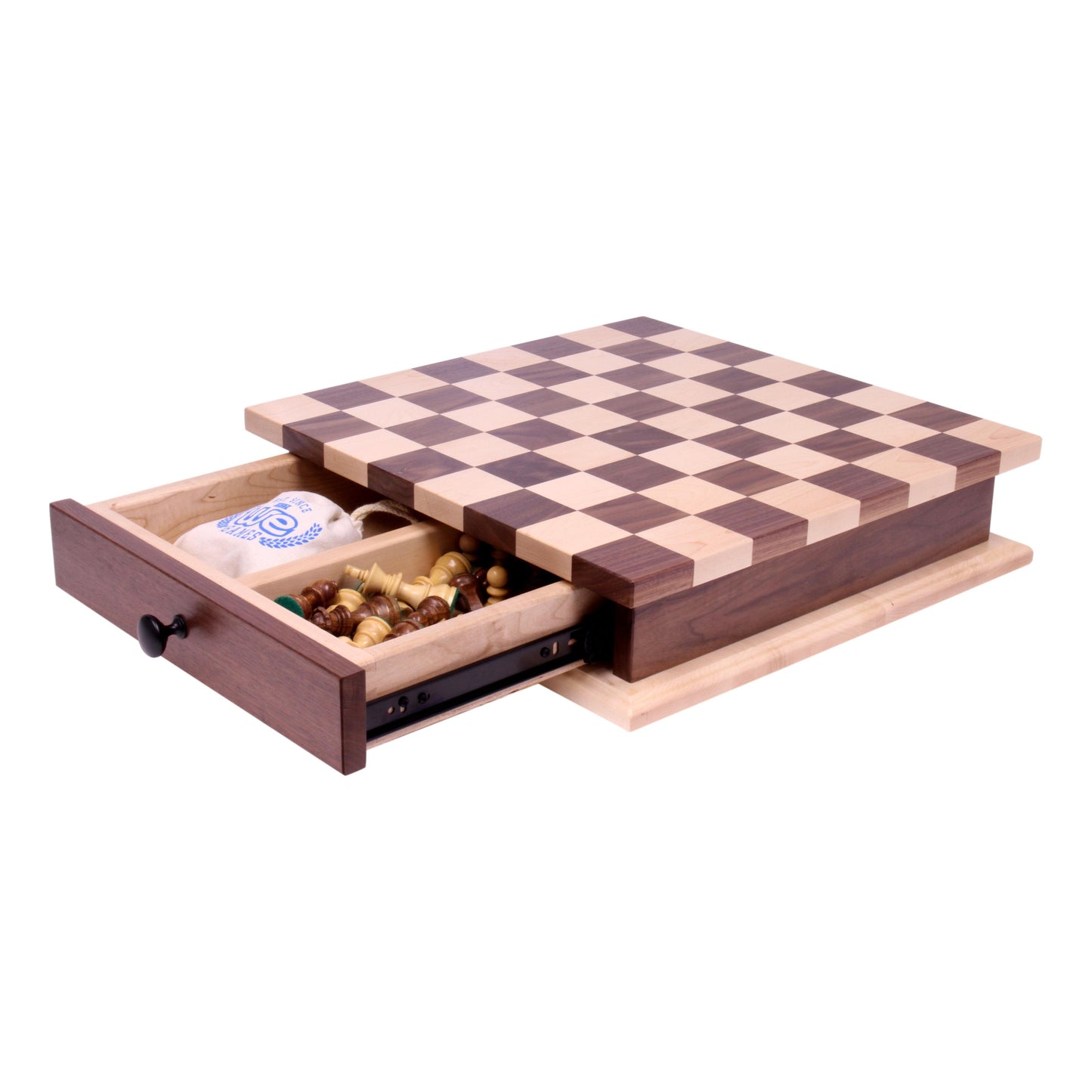 Wooden Deluxe Chess and Checkers game board set with pullout drawer, featuring handcrafted wood pieces and smooth finish.