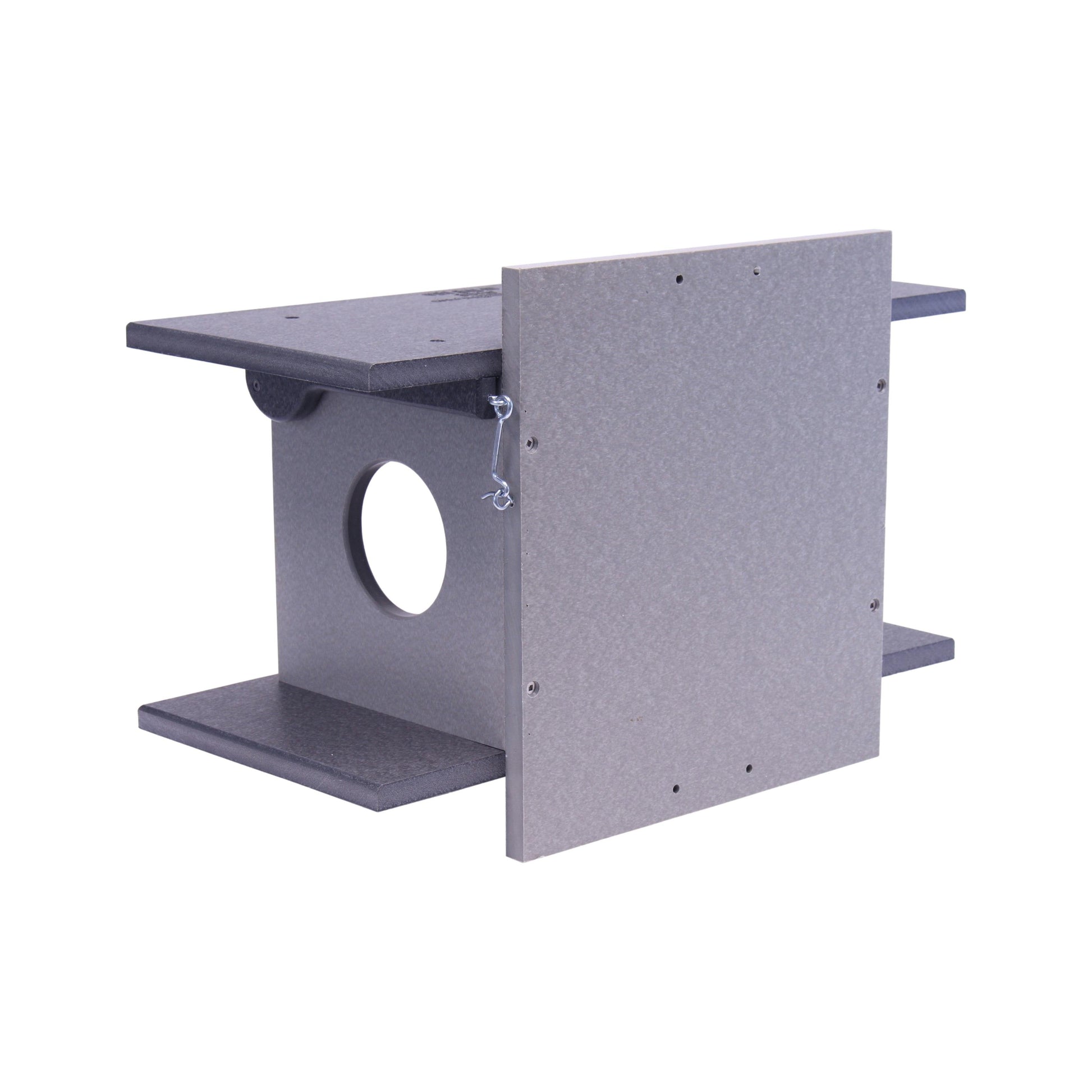 Amish-made squirrel corn feeder mounted on a post, made of durable poly lumber, designed for wildlife feeding.
