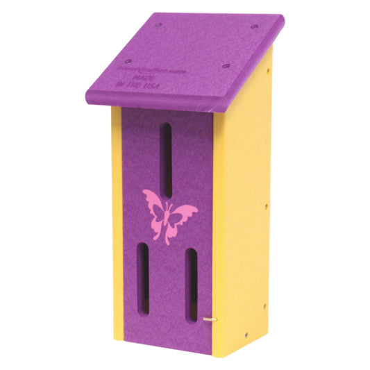 Amish-made butterfly house crafted from eco-friendly poly lumber, designed to attract and shelter butterflies in gardens.