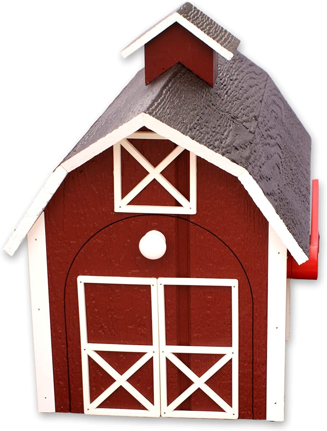Amish-made wooden Dutch barn style post-mount mailbox with natural wood finish, suitable for outdoor home improvement.