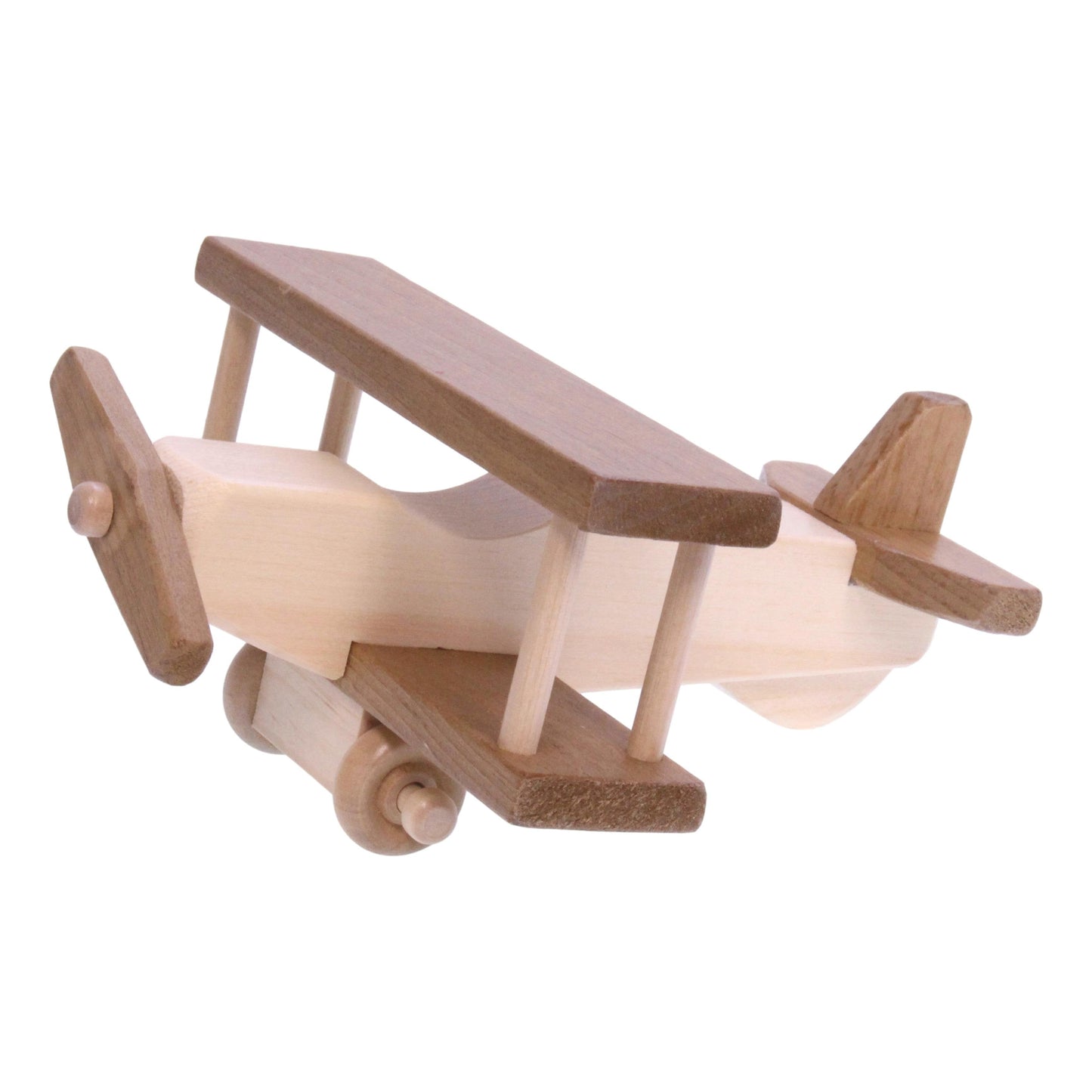 Wooden toy airplane with spinning propeller and kid-safe finish, crafted by AmishToyBox.com, designed for children's play and imagination.