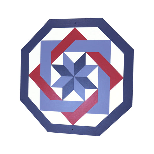 Hand-painted red labyrinth barn quilt outdoor wall sign, decorative lawn decor with intricate design, suitable for outdoor patio spaces.