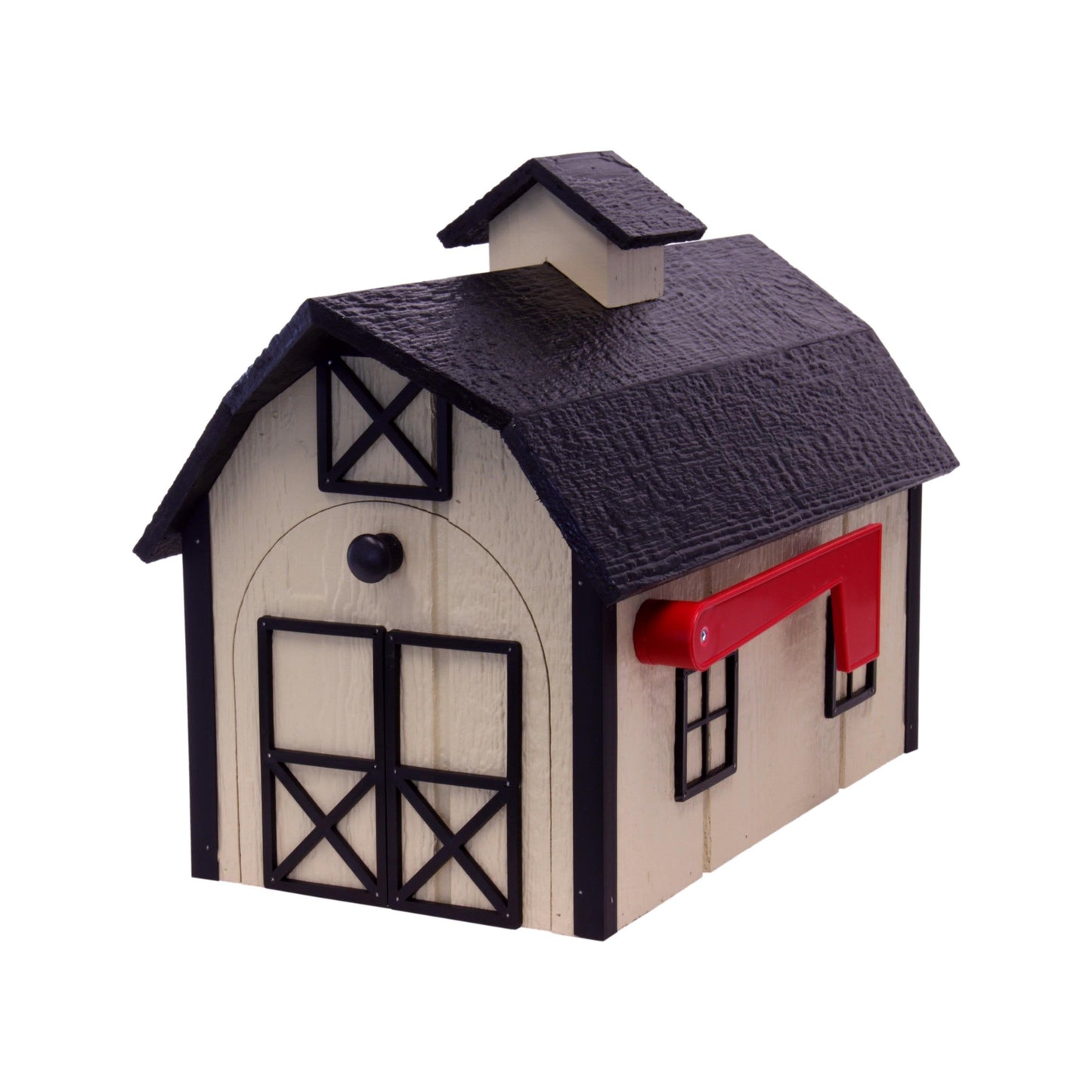 Amish-made wooden Dutch barn style mailbox mounted on a post for home improvement or outdoor home decor.