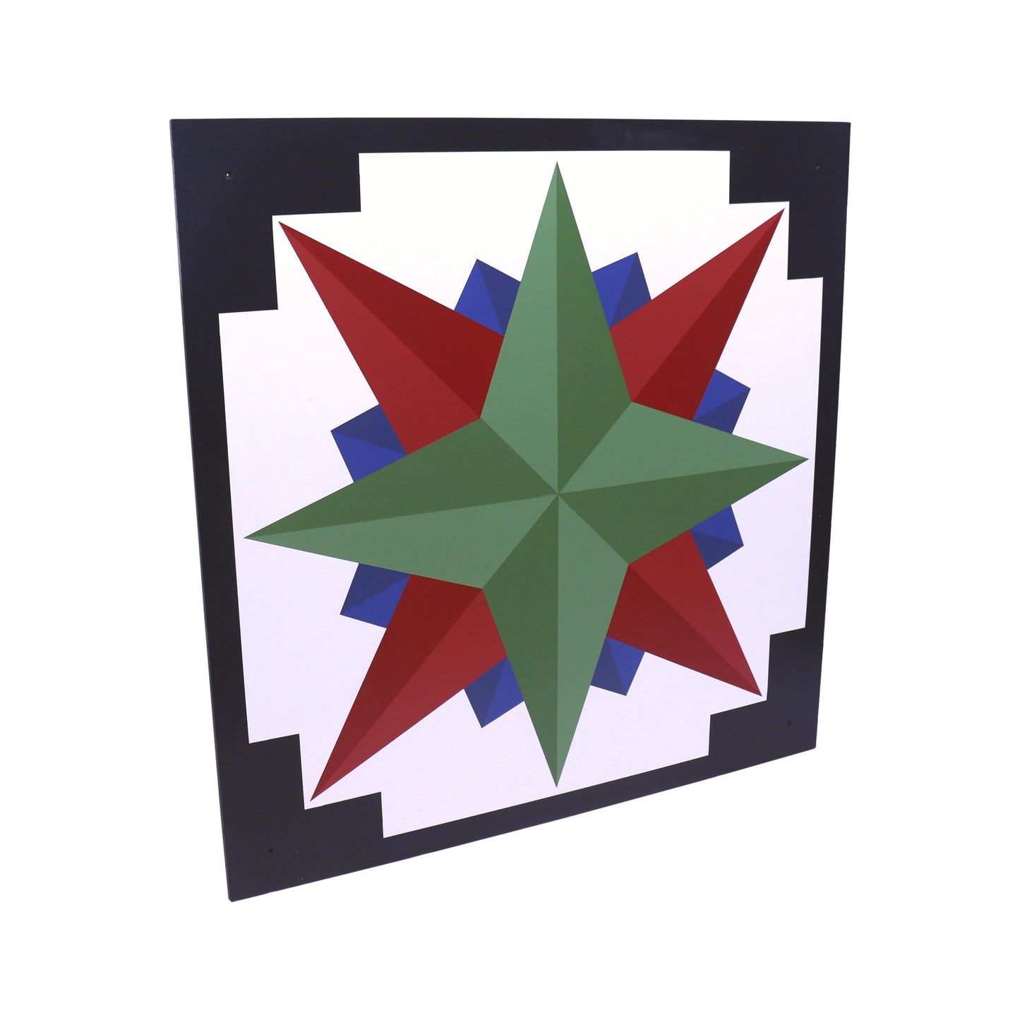 Hand-painted Amish barn quilt sign featuring a Mariner's Compass "Sailor" design for lawn and patio decor.