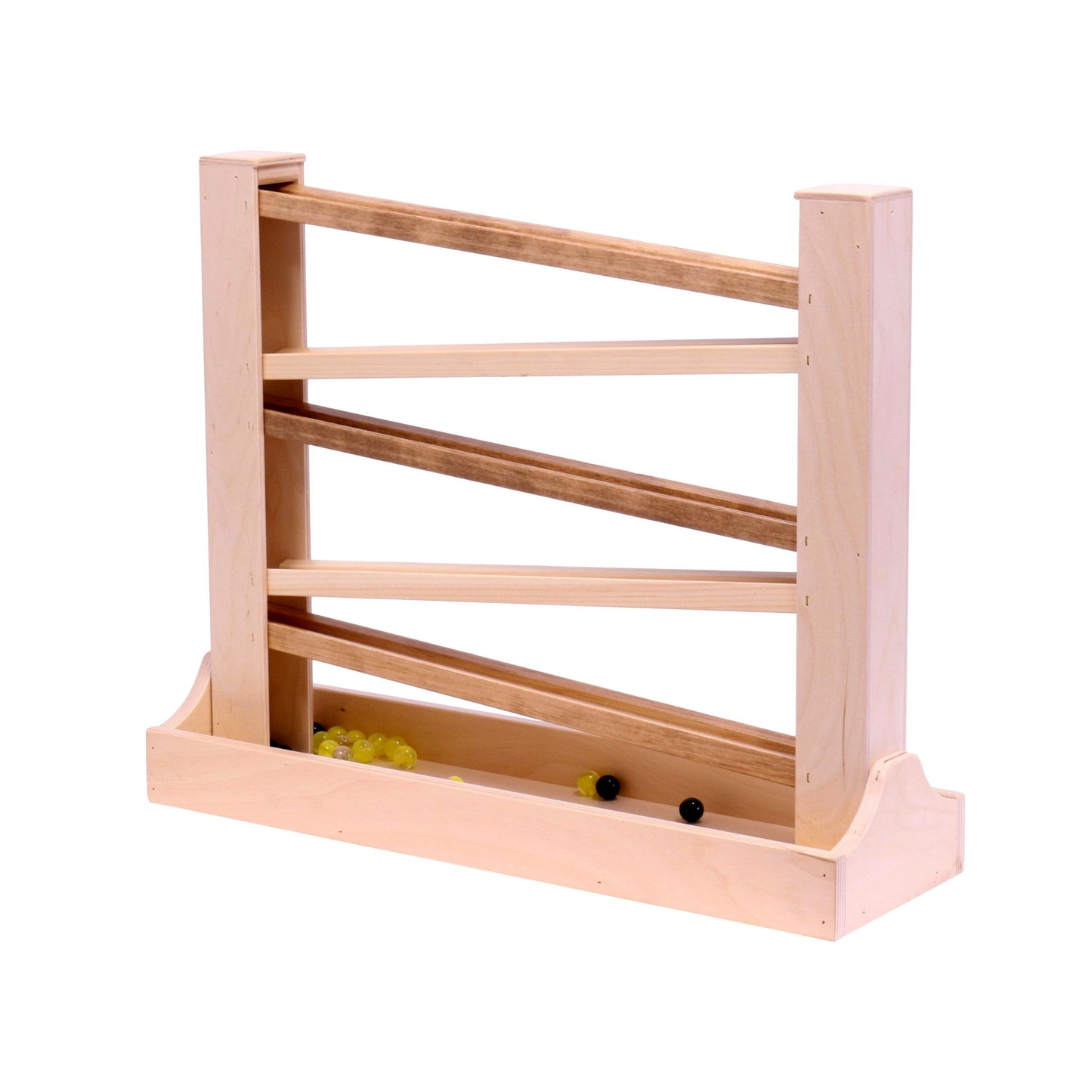 Amish-made heirloom marble roller with wooden construction and child-safe finish, featuring colorful marbles and smooth wood balls.