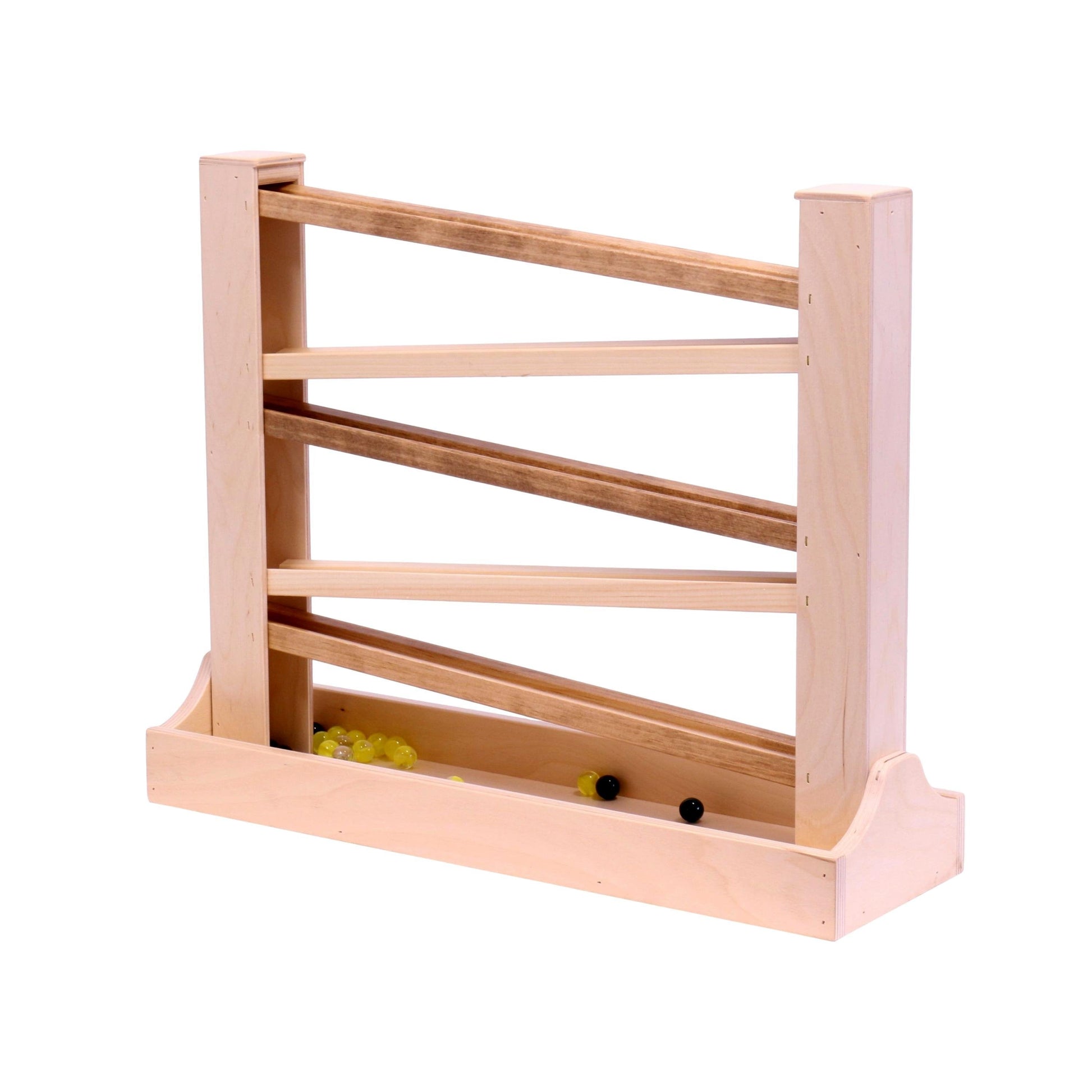 Amish-made heirloom marble roller with wooden construction and child-safe finish, featuring colorful marbles and smooth wood balls.