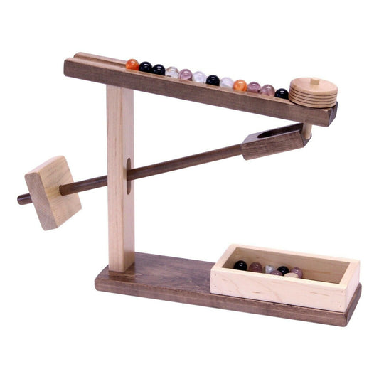 Amish-made wooden marble roller toy with maple and walnut finish, featuring colorful marbles and ball pathways for children.