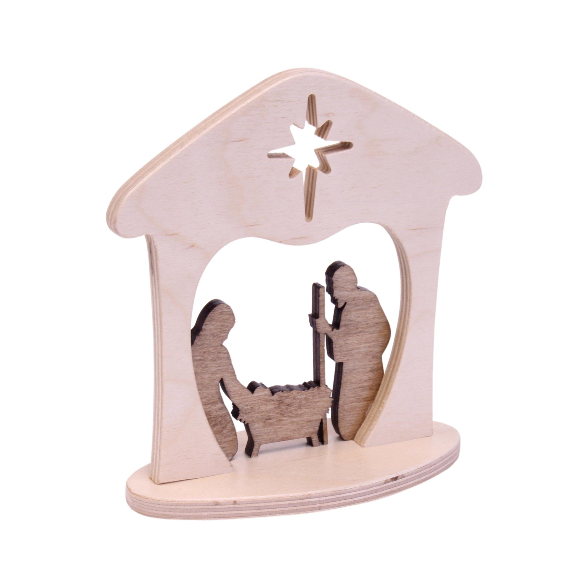 Wooden manger scene nativity set featuring Mary, Joseph, and baby Jesus for Christmas display on mantel or shelf.