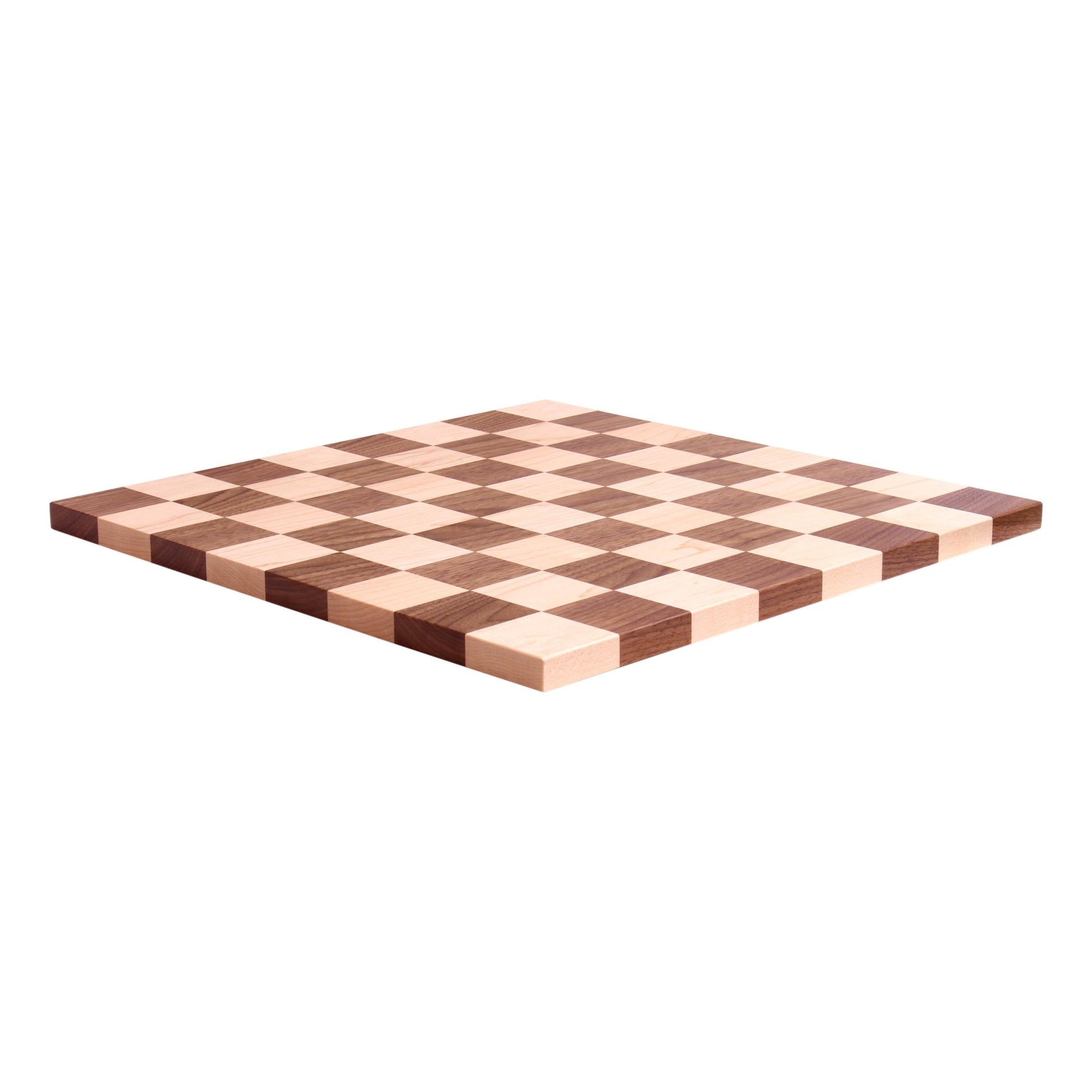 Maple and walnut hardwood 18-inch chess and checkers game board with natural wood finish, featuring detailed square design.