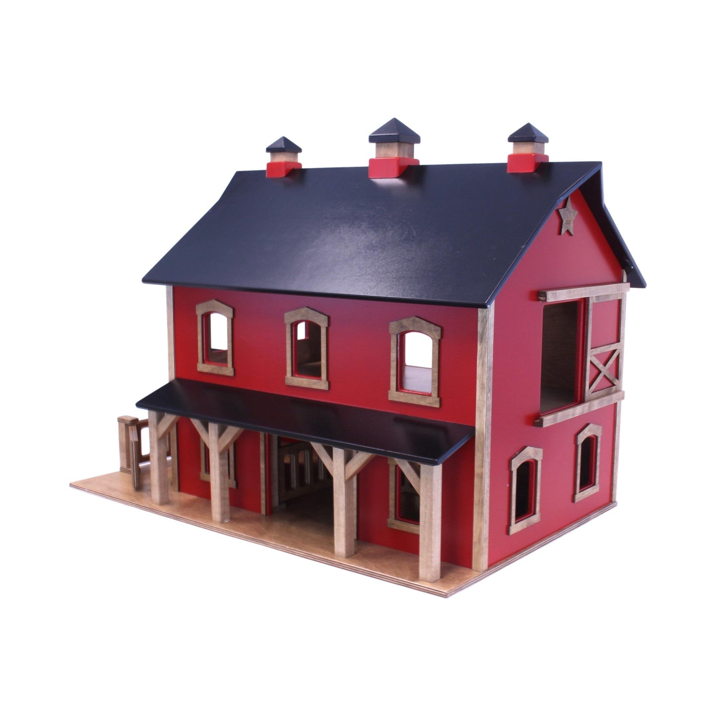 Hand-crafted Pennsylvania Bank Barn toy by AmishToyBox.com with detailed wooden structure and rustic finish, perfect for children.