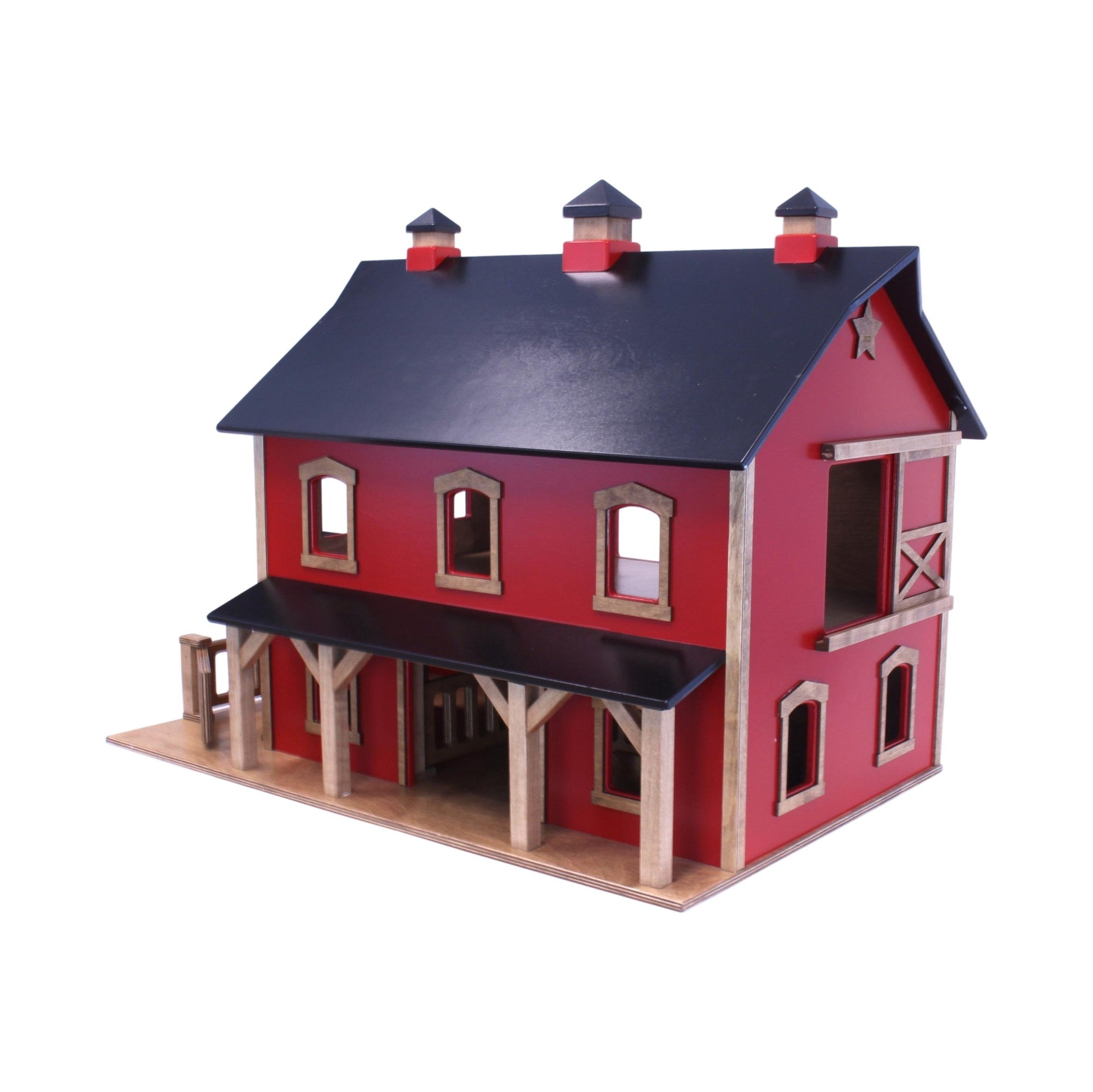Hand-crafted Pennsylvania Bank Barn toy by AmishToyBox.com with detailed wooden structure and rustic finish, perfect for children.