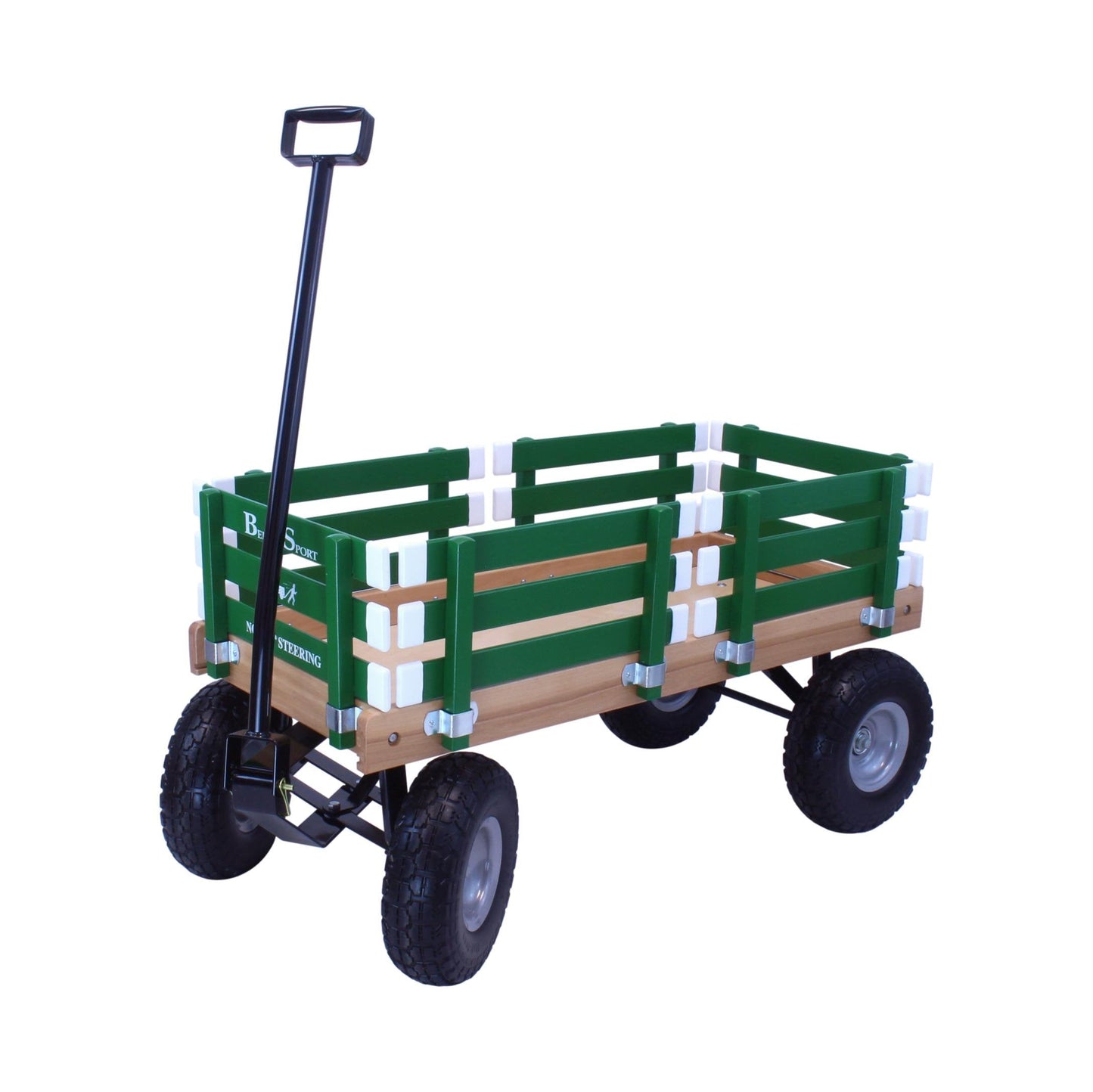 Amish-made Berlin Flyer Sport Wagon Model F410, a classic wooden scooter and wagon for children, with vibrant red and yellow accents.