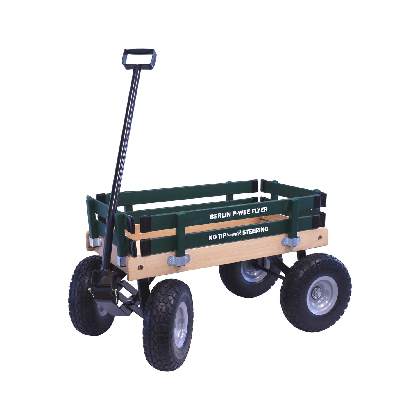 Amish-made Berlin Big-Foot Kid's Wagon Model F300 pull-behind wagon with wooden construction and large wheels for children.