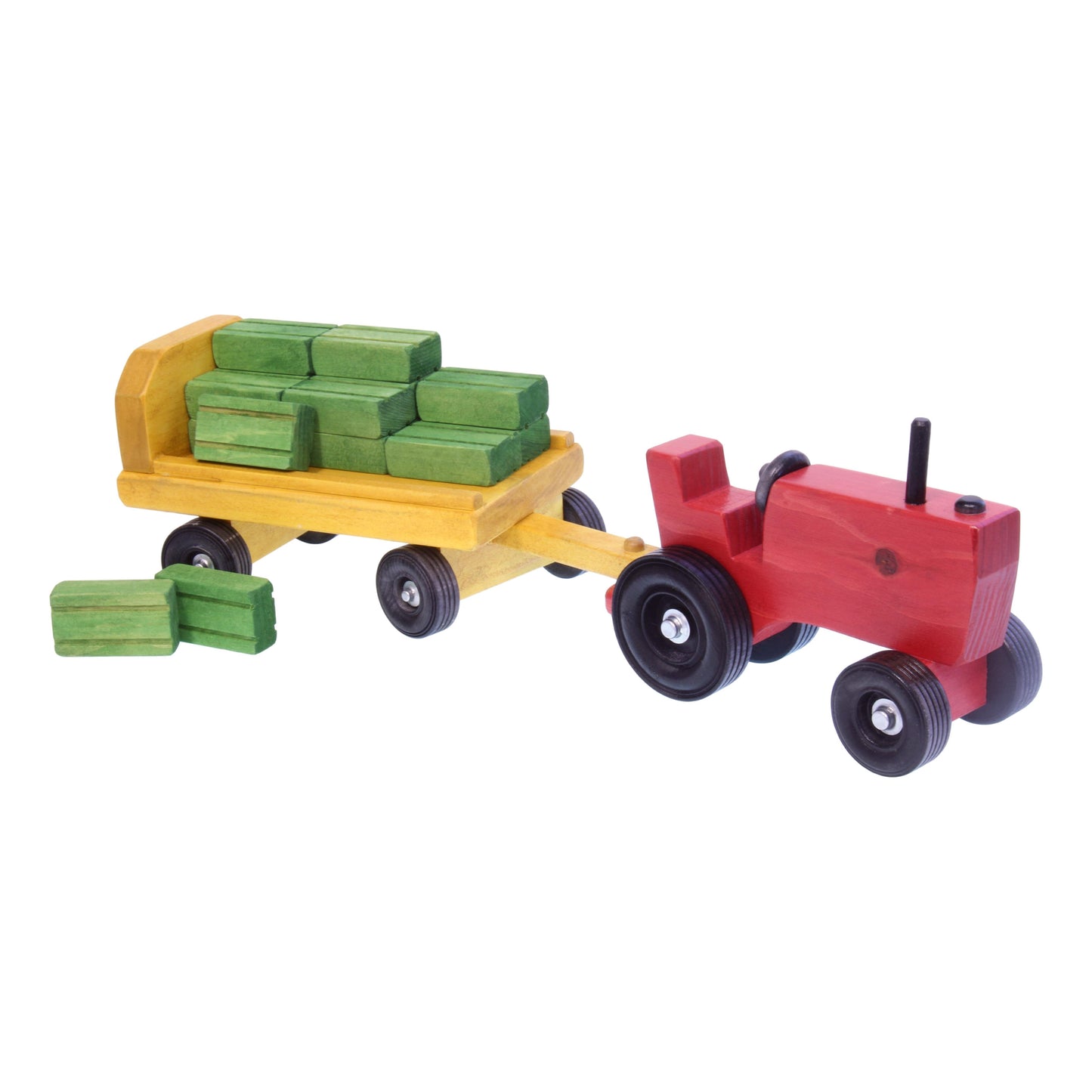 Amish-made wooden toy tractor and wagon set with hay bales, durable and realistic toy farm playset for children.