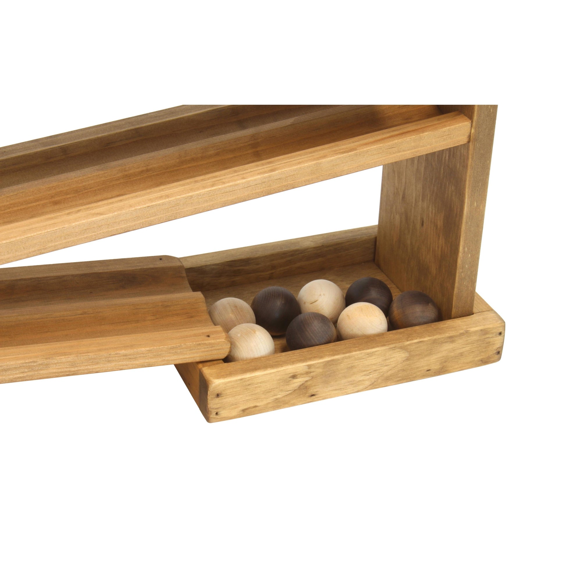 Amish-made wooden ball roller racetrack toy with 8 colorful wooden balls on a smooth wooden track.