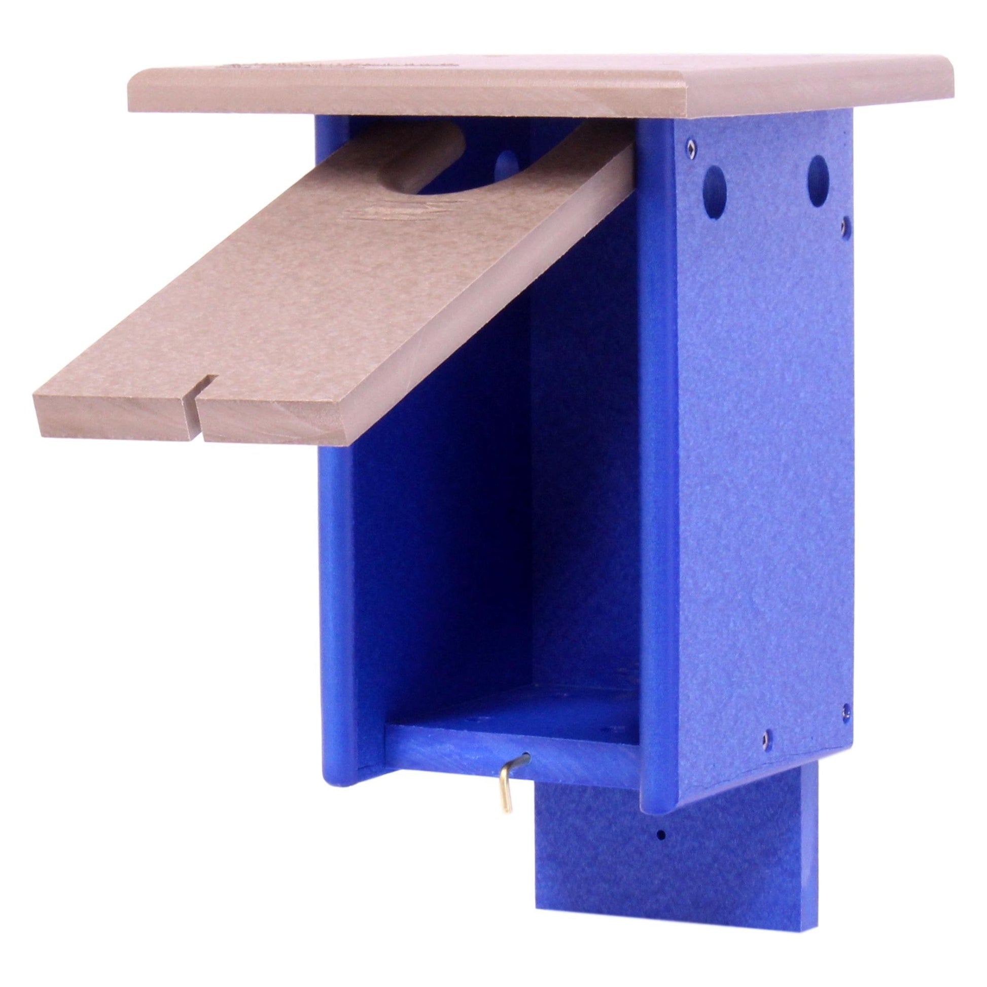 Bluebird house post mount made of AmishToyBox.com recycled poly lumber, featuring a blue exterior and entry hole for birds.