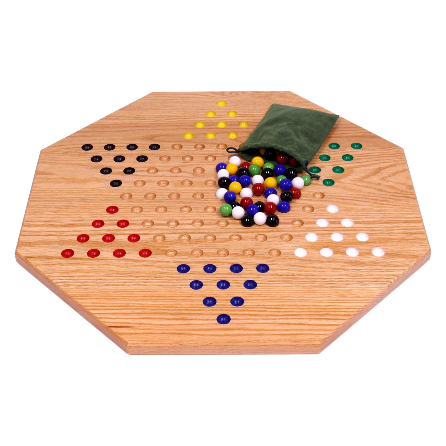 Hand-painted oak wooden Chinese checkers board game, 19 inches wide, with colorful marbles on a smooth wooden surface.