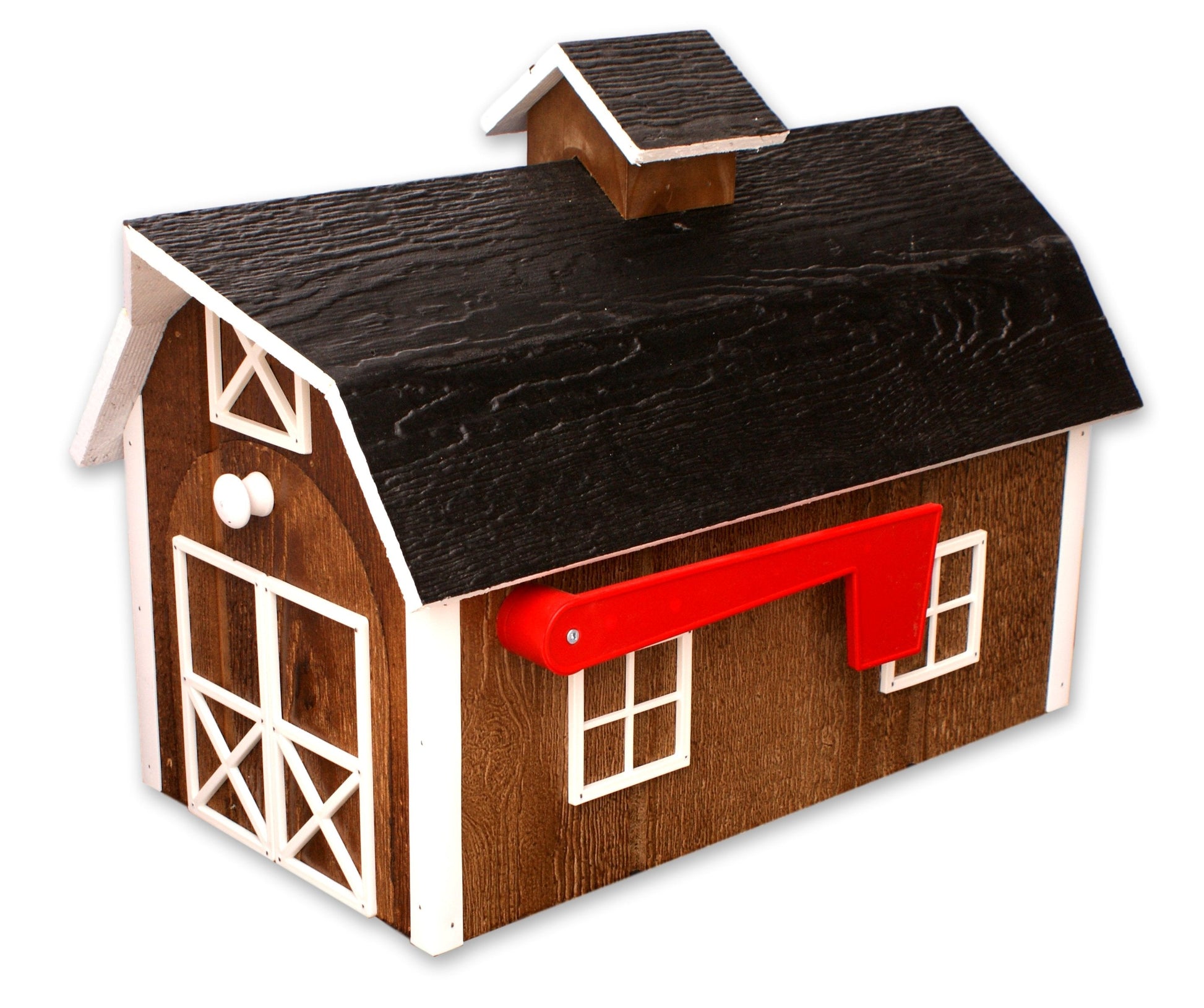 Amish-made wooden Dutch barn style mailbox mounted on a post, handcrafted in natural wood for curbside mail delivery.