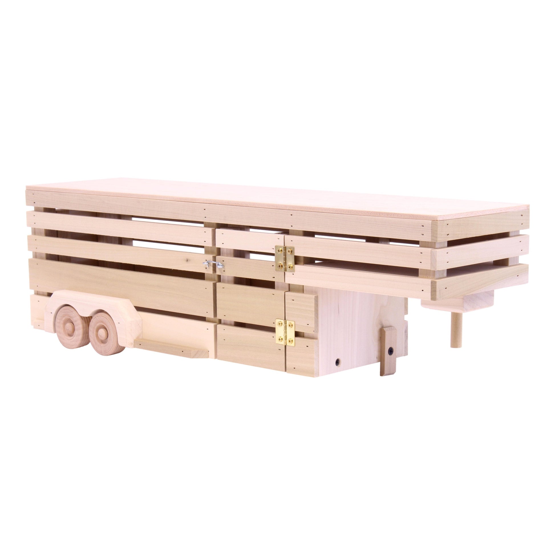 Amish-made wooden toy pickup truck with gooseneck trailer set, part of AmishToyBox.com farming wooden toys collection.