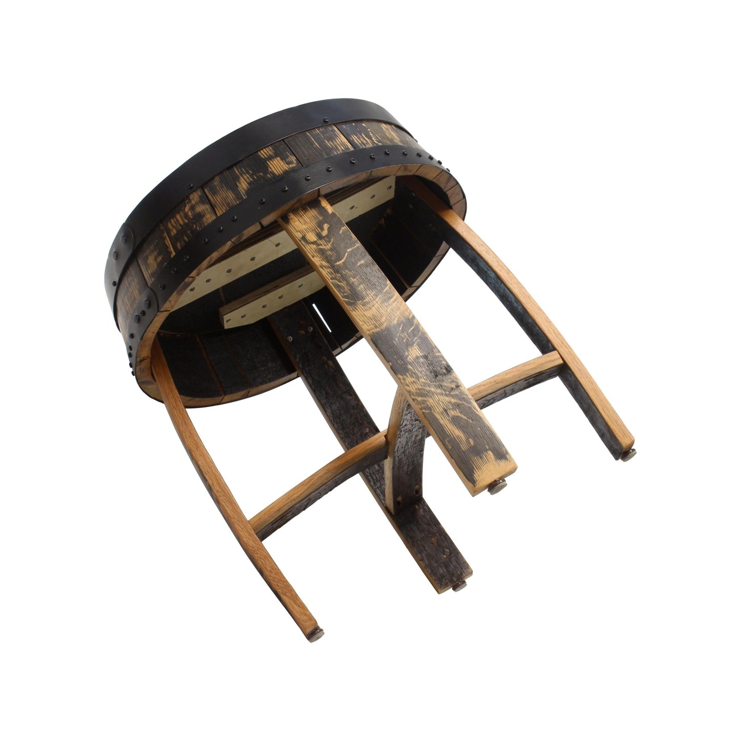 Amish-made rustic barrel-top end table with reclaimed whiskey barrel wood and metal barrel rings, handcrafted for a vintage look.