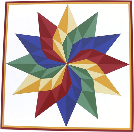 Hand-painted AmishToyBox.com barn quilt sign with dahlia sunburst design, 36-inch square decor for lawn and patio.