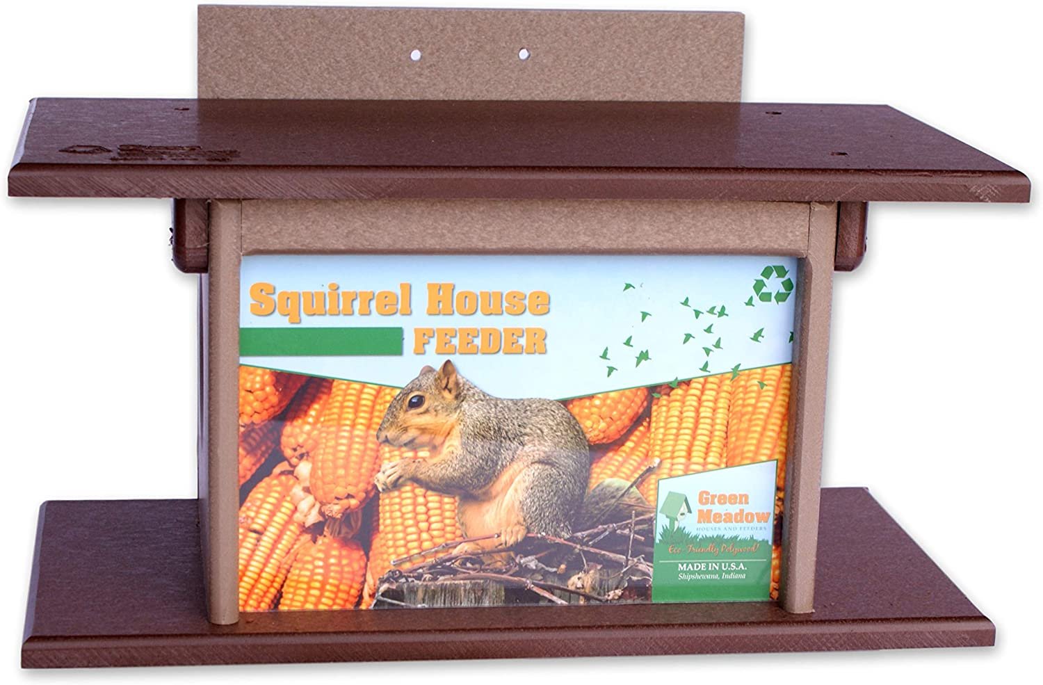 Amish-made squirrel corn feeder mounted on a post, constructed from poly lumber, designed for wildlife feeding.
