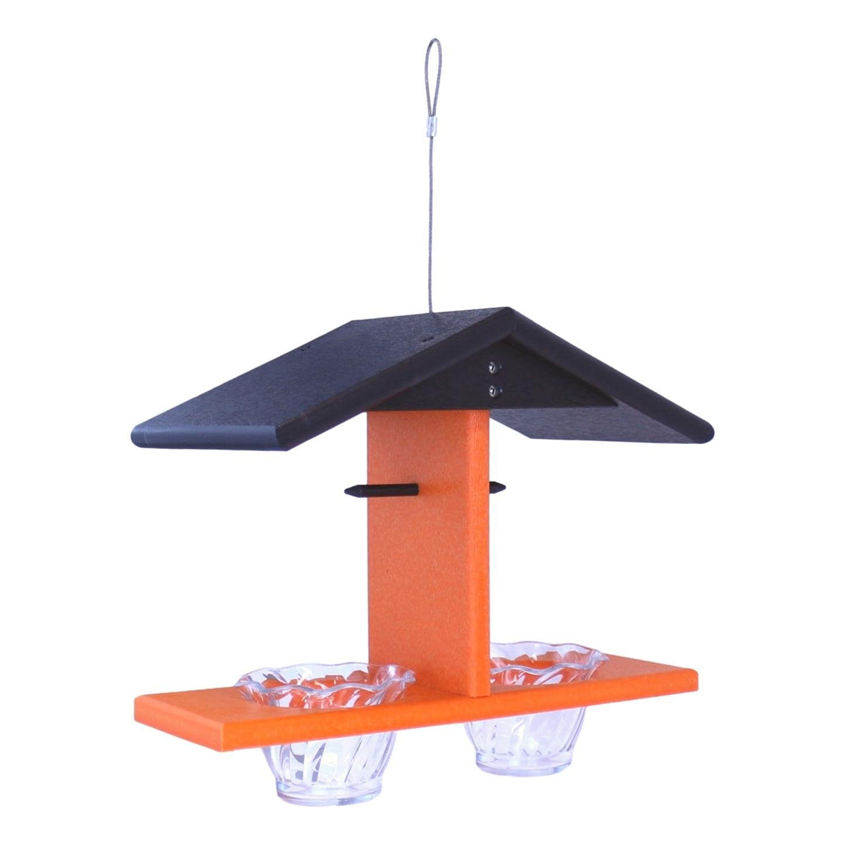 AmishToyBox.com double-cup oriole bird feeder with pegs for orange halves, designed for attracting orioles and other songbirds.