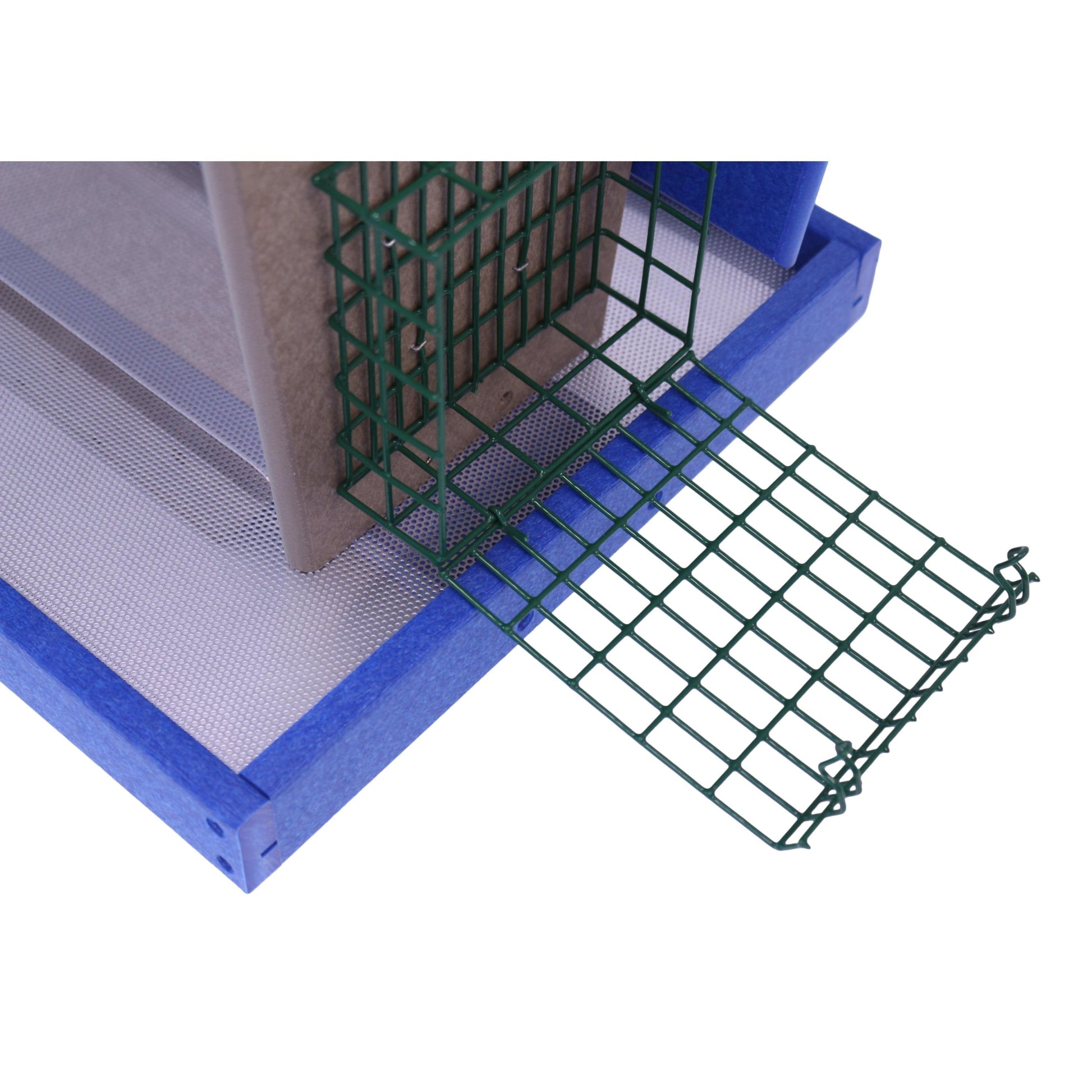 Eco-friendly AmishToyBox.com bird feeder with suet holder and peanut feeder, post-mount, made of durable poly lumber for lawn and patio.
