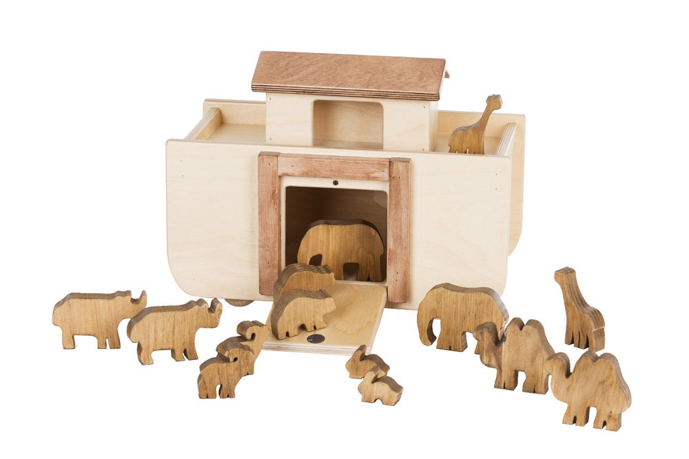 Amish-made wooden Noah's Ark toy with 14 colorful wooden animal figures, perfect for imaginative play and educational fun.
